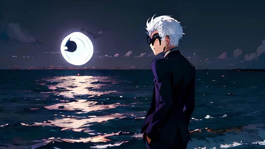 Dynamic pose, dynamic angle,from afar,((night)), beach, calm water without waves,boy at the water's edge,boy looking out to sea,messy spiky white hair, light blue eyes, purplish black suit, no tie, purplish black shirt, purplish black dress pants, rounded sunglasses, ((dark purple circle on the horizon)),(no sun:1.6), (no moon:1.6),