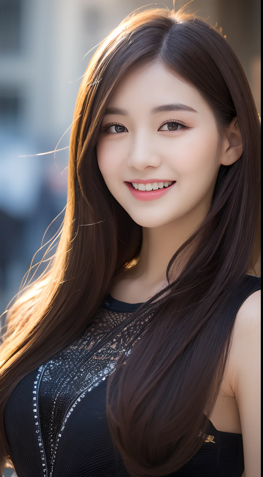 ((Best quality, 8k, Masterpiece :1.3)), 1girl, smiling, full body, slim face, Pretty woman, (Dark brown hair), full length dress :1.1, Ultra-detailed face, Detailed eyes, Double eyelid, blur background, slim face, city, outside, street,
