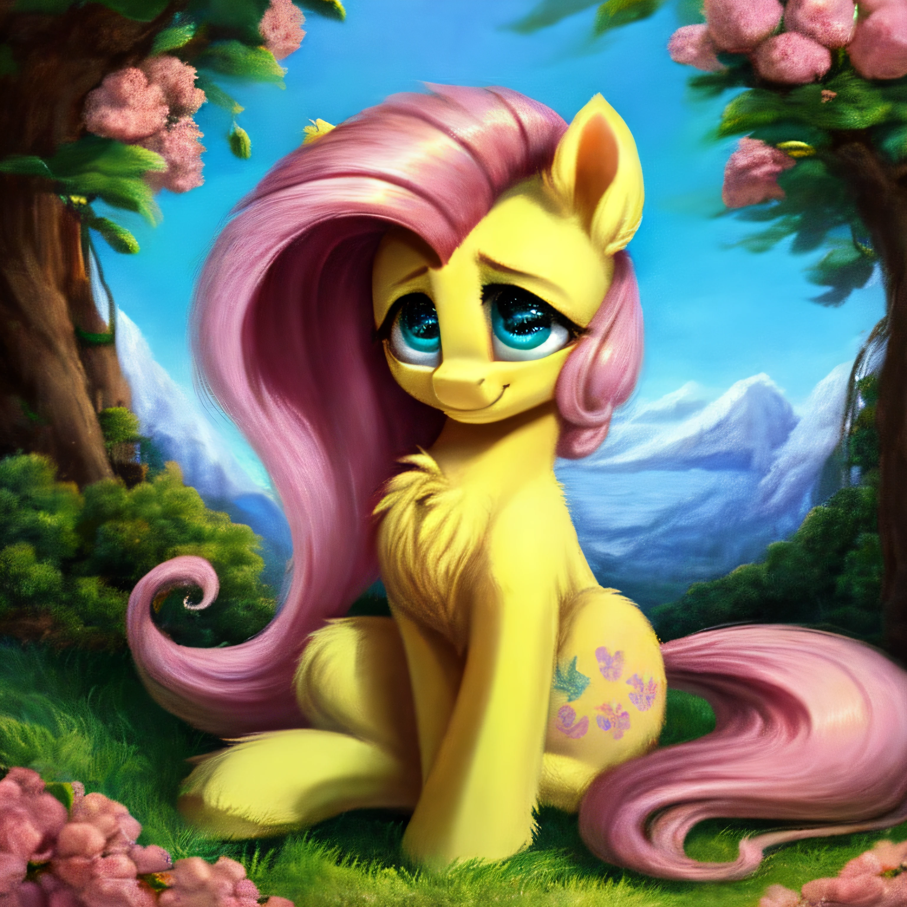 (masterpiece, best quality:1.2), (perfect anatomy), highres, high-definition quality, score_9,rating_suggestive, highres, detailed eyes, jewel eyes, (perfect eyes), (perfect face), detailed background, pony, fluttershy, turquoise eyes, feminine features, flowing mane, cute pony face, smile, intricate details, fluffy, chest fluff, sitting, feral