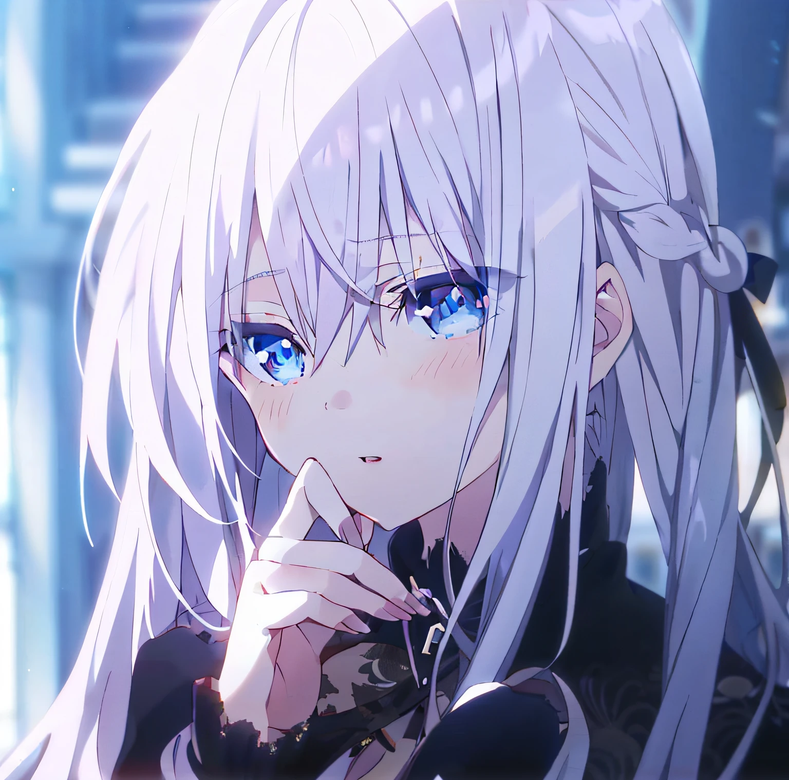 anime girl with long white hair and blue eyes looking at camera, Perfect white haired girl, Girl with white hair, anime visual of a cute girl, white haired Cangcang, black anime pupils in her eyes, White-haired, white-haired god, white haired lady, female anime character, close up of a young anime girl, anime visual of a young woman