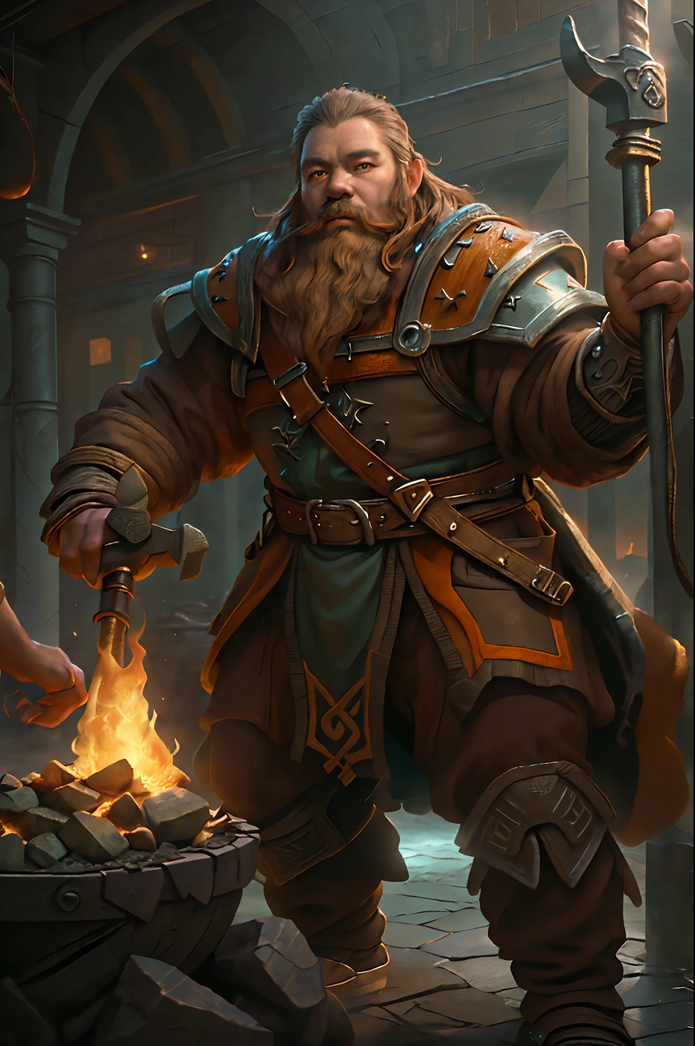 high details, best quality, 16k, [ultra detailed], masterpiece, best quality, (extremely detailed), full body, ultra wide shot, photorealistic, fantasy art fantasy_world, RPG art, D&D art, a picture of a dwarf working at his forge (intense details, Masterpiece, best quality), fantasy male dwarf (intense details, Masterpiece, best quality),(intense details, Masterpiece, best quality), brown hair, dynamic eyes color, ultra detailed face (intense details, Masterpiece, best quality), long beard, brown beard, moscular arms, wearing smith apron, holding a hammer in hand, hammer has mgical runes, shining GlowingRunes_yello yellowe runes (intense details, Masterpiece, best quality), working the forge (intense details, Masterpiece, best quality), fiery forge (intense details, Masterpiece, best quality), crafting magical metalic weapon, dwarven smithy and fiery forge background, shadow and light of a fiery orange (intense details, Masterpiece, best quality), High Detail, Ultra High Quality, High Resolution, 16K Resolution, Ultra HD Pictures, Ultra Realistic, Clear Details, Realistic Detail, Ultra High Definition