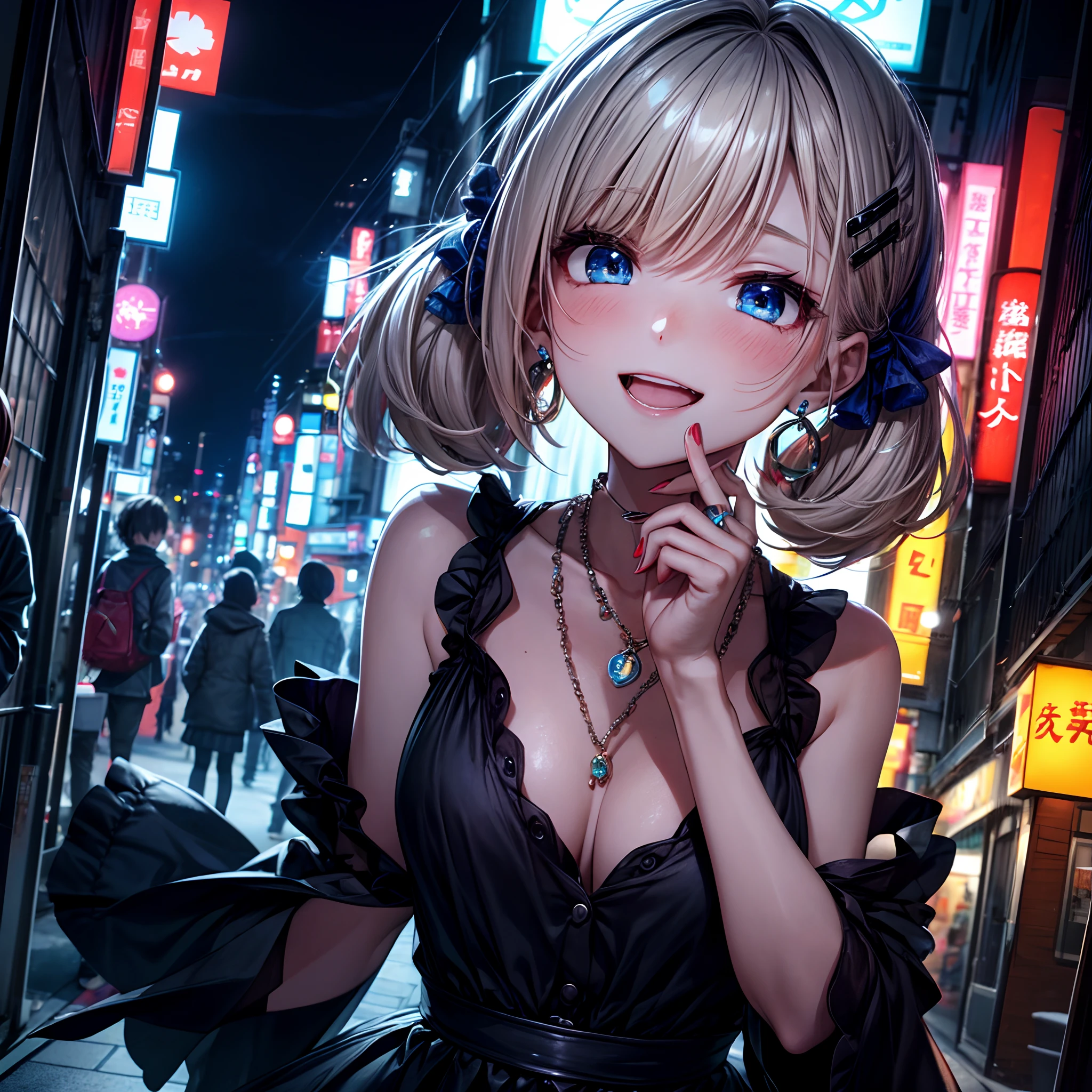 absurderes, (独奏:1.5,)ultra-detailliert,bright colour, extremely beautiful detailed anime face and eyes, view straight on, ;D, shiny_skin,25 years old, Happy smiling face、Short hair, , asymmetrical bangs, Blonde hair with short twin tails, Shiny hair, Delicate beautiful face, red blush、(Blue eyes), White skin, hair clips, earrings, a necklace, 、Black and yellow dress、(Tokyo at night)、(Lots of neon)