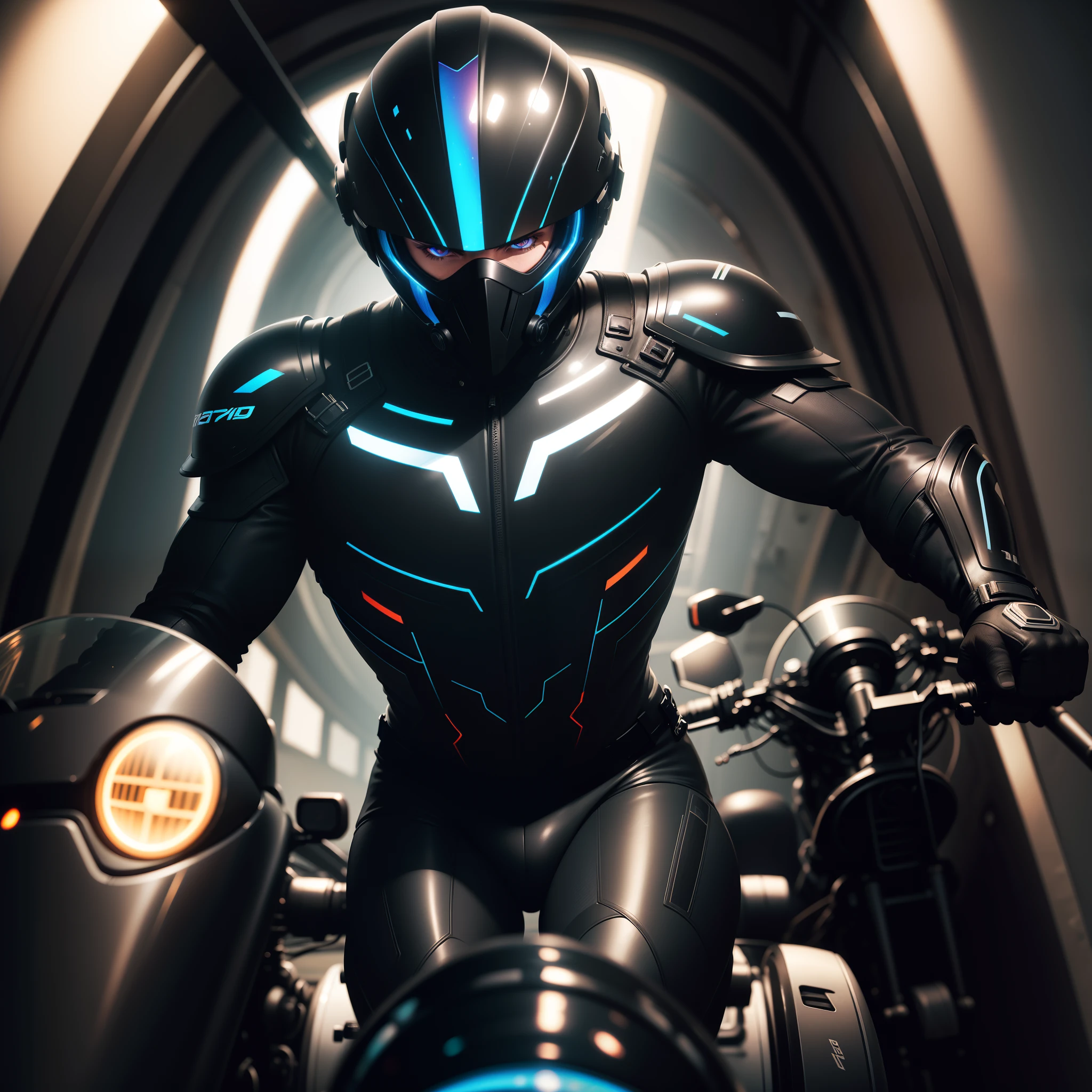 Fish eye view of black man wearing a black tinted helmet, riding a motorbike through a tunnel with moving traffic, with iridescent light, highly detailed images, vibrant beautiful colours, photorealistic image, 8k, ultra HD, unreal engine rendered, cinematic lighting, artgerm style,