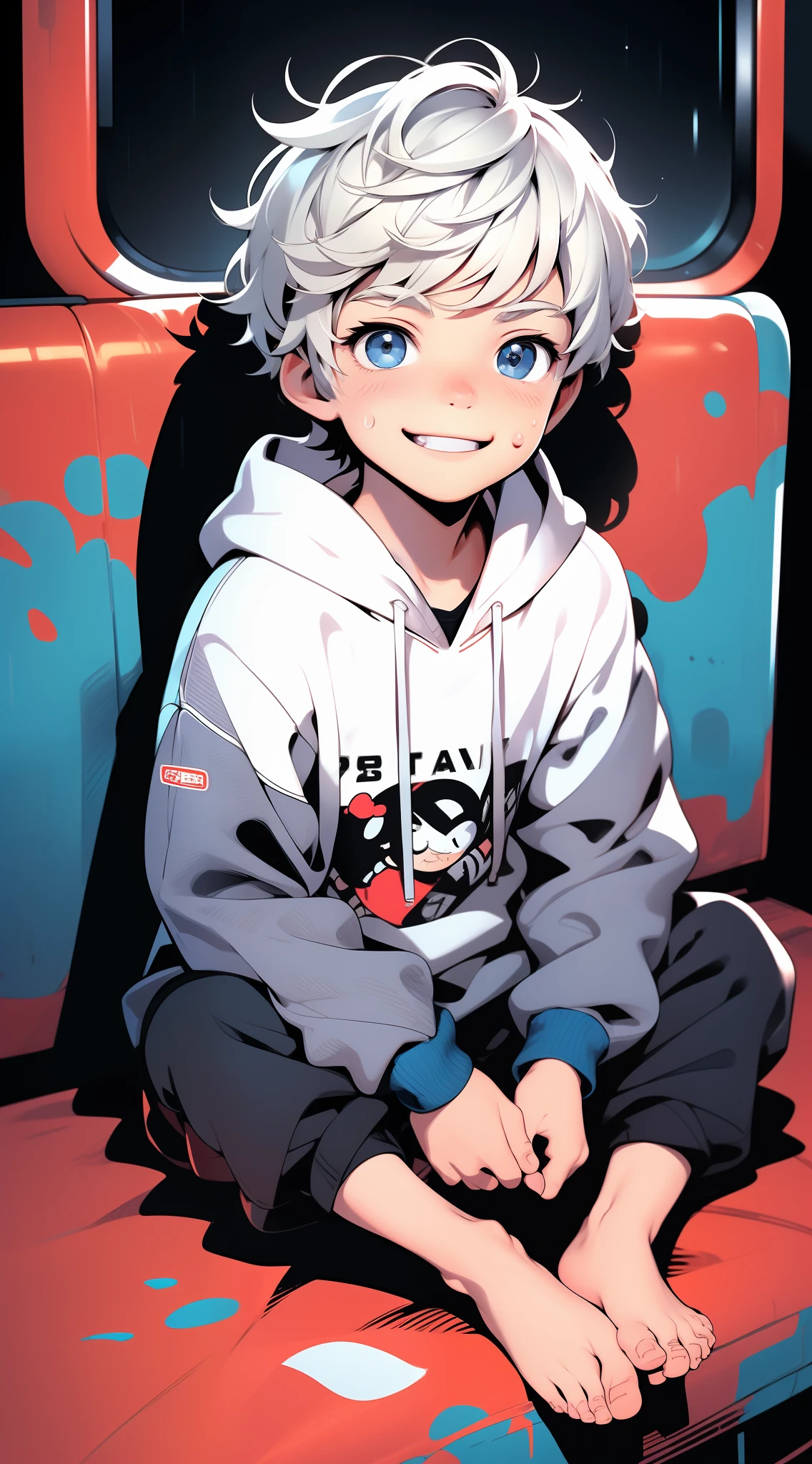 Masterpiece, chubby  boy with white hair and shiny bright blue eyes and barefoot wearing a hoodie, and oversized sweatpants sitting in a train, young, boy, child,l, toddsoft lit, (sweatpants:1.4), (Boy:1.4), (Shota:1.4), (Young:1.4), (Male:1.4), (smiling:1.4), (foot:1.4), (shy:1.4),