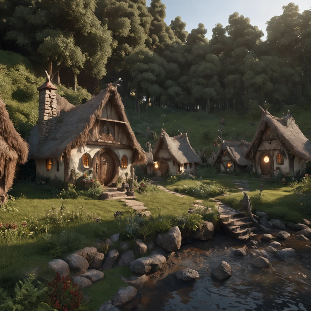 (Professional 3D rendering:1.3) de (Realistic:1.3) Foto de arte mais bonita do mundo,Apresenta small village surrounded by forest, hobbits, grassy, dusk, Lord of the Rings, green white black color palette , (vibrante, fotogrdeia realista, Realistic, Dramatic, Escuro, foco nítido, 8k), --ar 16:9, pintura digital, rendering by octane, art stations, Conceito-Arte, liso, foco nítido, illustration, germe da arte, (Loish:0.23), Wlop Ilya Kuvshinov, e Greg Rutkowski e Alphonse Mucha Gracias, (global ilumination, studiolight, Light Volumetric), chuva forte, floating particles, patife, fantasia, Onze, corpo inteiroesbian, ((Fundo escuro e antigo da cidade:1.3)),CGSesociedade,art stations