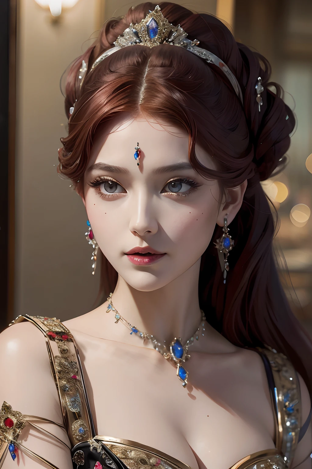 tmasterpiece,Highest image quality,A beautiful bust of a noble maiden,Delicate red hairstyle,Clear black eyes,Embellished with a dazzling array of intricate and exaggerated craft jewelry,Ultra-detailed details,upscaled。