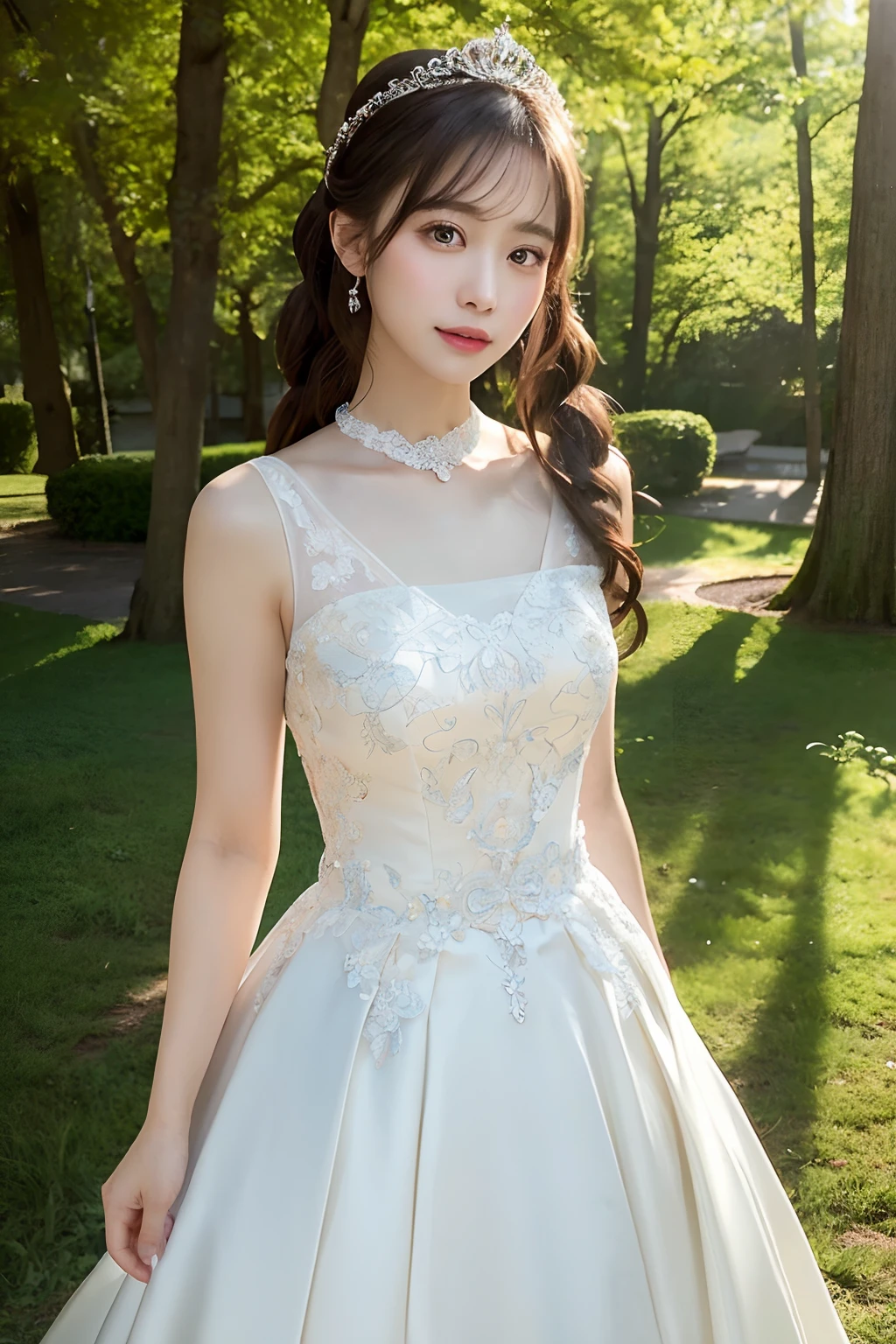 (sweat:0.7),Light yellow wedding dress,white short skirt,woman,japanese,exquisite face, beautiful face,bare shoulders,shoulders slightly exposed,translucent skin,black eyes,black hair,(photorealistic:1.4),realistic details, high resolution,bokeh,outstanding details