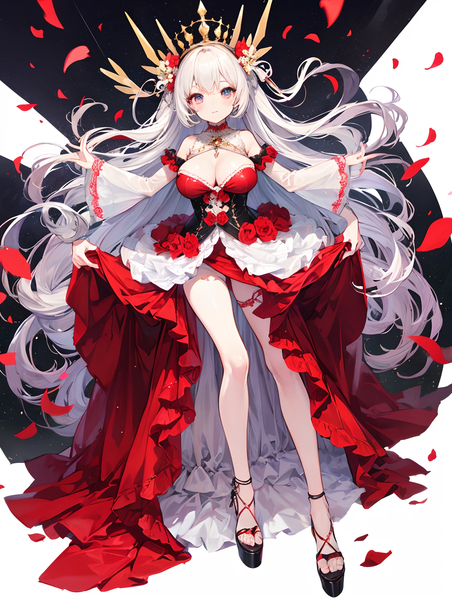 ((anime art style)),(masutepiece),(Best Quality), (Super Detail),((Very delicate and beautiful)),(((Solo))),((Full body)),(((One princess in a very gorgeous Lolita dress with a voluminous full-length hoop skirt))),((Stand in the garden)),Long Train,(Gorgeous gemstone jewelry with sparkly),Detailed face and eyes,Eyes Like Gems,cry,((Large amount of straight hair,Very voluminous and very long straight hair)),((Colossal tits,long boobs)),cleavage,(gorgeous embroidery and lace),Gorgeous corsage,See-through,((Very gorgeous Lolita hair ornament)),Tiara adorned with sparkly and very gorgeous jewels,ornate ruffles,Beautiful embroidery,(hoop skirt,crinoline),Flowers, Petals flow,((Dynamic Angle)),Looking at Viewer,((Full body))