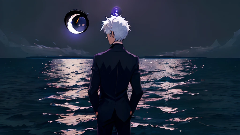 Dynamic pose, dynamic angle,from afar,((night)), beach, calm water without waves,boy at the water's edge,boy looking out to sea,messy spiky white hair, light blue eyes, purplish black suit, no tie, purplish black shirt, purplish black dress pants, rounded sunglasses, ((dark purple circle on the horizon)),(no sun:1.6), (no moon:1.6),