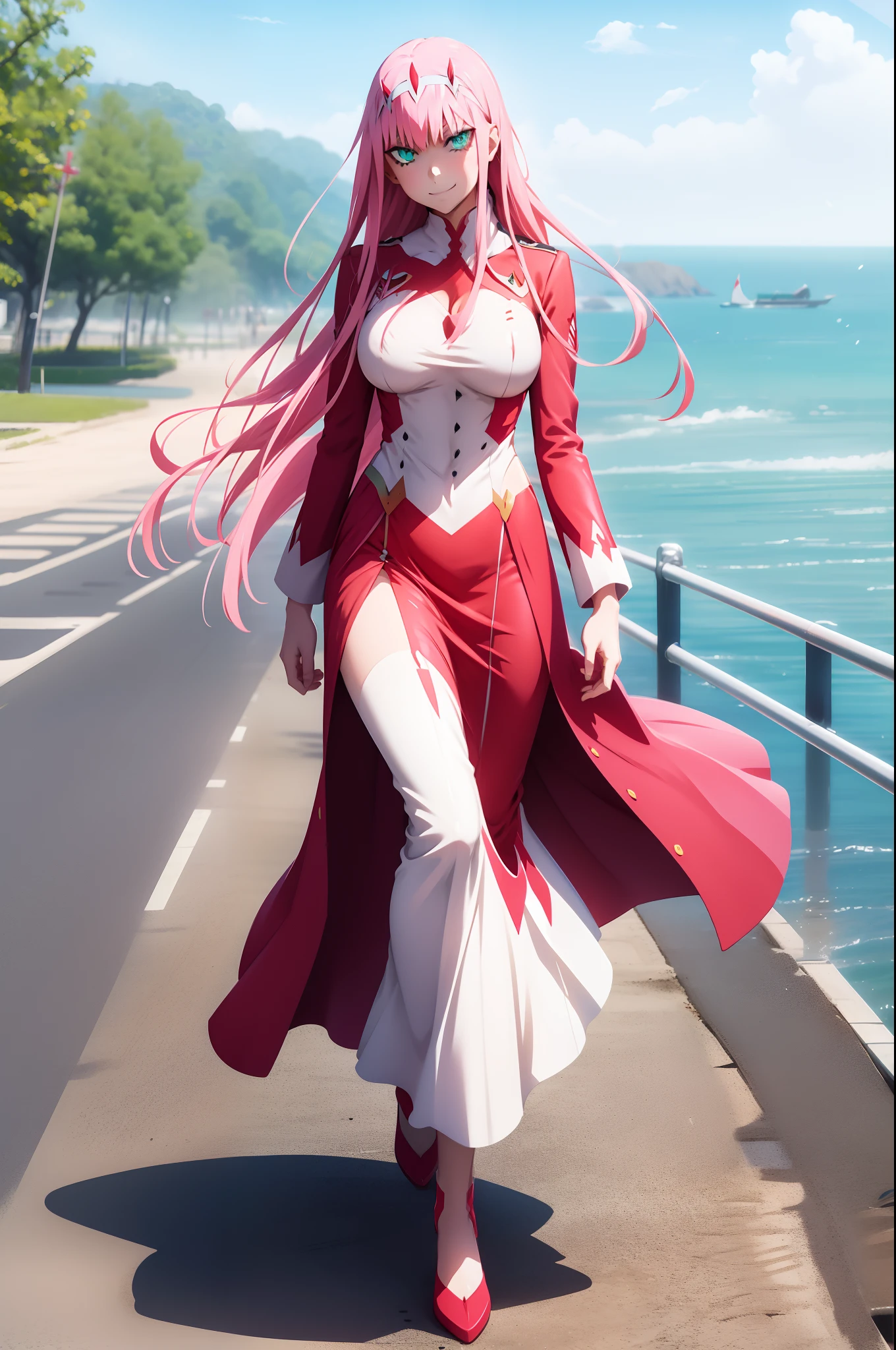 masterpiece, best quality, 1girl, looking at viewer, cute, beach, sunlight, ocean, medium breasts, thighhighs, black thighhighs, green eyes, zero two \(darling in the franxx\), pink hair, beautiful detailed eyes, beautiful detailed glow, lots of glow, arms behind head, embarrassed,, long dress, walking, long skirt, modest, victorian clothing, lodress, pants, smile, big breast, long skirt, skirt, pants, flipflops waiting to start