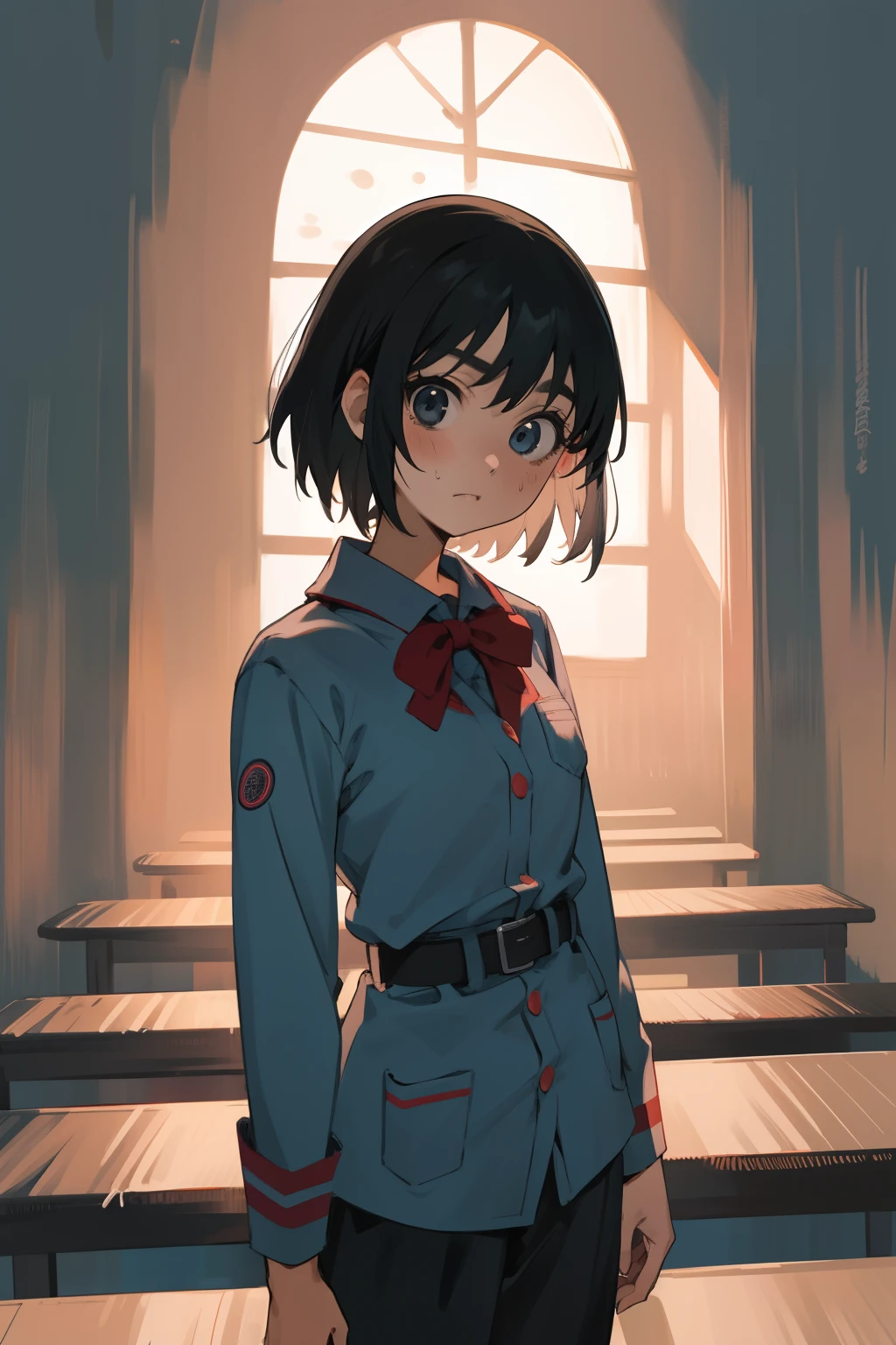 obra-prima, 1girl, solo, pov, ayase fuuka, vampire slayer uniform, blusa, saia plissada, fita, mini saia, vista frente, tiro busto, caminhando,
tiro de cowboy, Lazy, tired  expression, escala de cinza, monocromatic, meio-tom, desenho, manga, otoyomegatari,
foco facial, sala de aula,