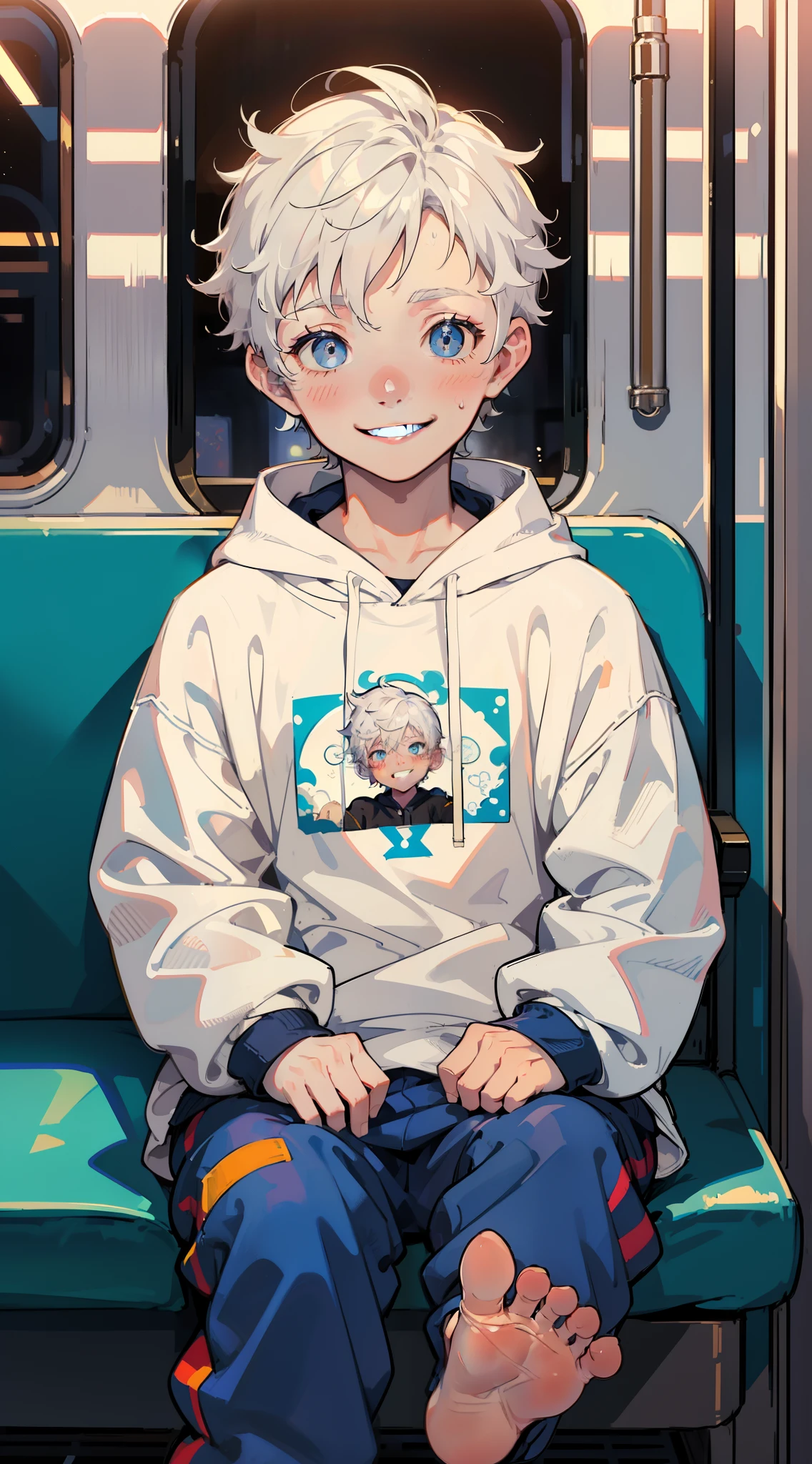 Masterpiece, chubby boy with white hair and shiny bright blue eyes and barefoot wearing a hoodie, and oversized sweatpants sitting in a train, young, boy, child,l, toddsoft lit, (sweatpants:1.4), (Boy:1.4), (Shota:1.4), (Young:1.4), (Male:1.4), (smiling:1.4), (foot:1.4), (shy:1.4),