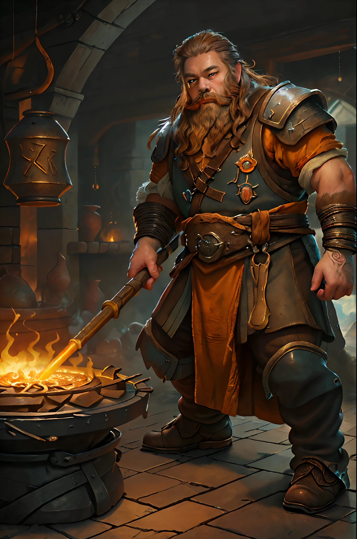 high details, best quality, 16k, RAW, [ua detailed], masterpiece, best quality, (extremely detailed), full body, ultra wide shot, photorealistic, fantasy art fantasy_world, RPG art, D&D art, a picture of a dwarf working at his forge (intense details, Masterpiece, best quality), fantasy male dwarf (intense details, Masterpiece, best quality),(intense details, Masterpiece, best quality), brown hair, dynamic eyes color, ultra detailed face (intense details, Masterpiece, best quality), long beard, brown beard, moscular arms, wearing smith apron, holding a hammer in hand, hammer has mgical runes, shining GlowingRunes_yello yellowe runes (intense details, Masterpiece, best quality), working the forge (intense details, Masterpiece, best quality), fiery forge (intense details, Masterpiece, best quality), crafting magical metalic weapon, dwarven smithy and fiery forge background, shadow and light of a fiery orange (intense details, Masterpiece, best quality), High Detail, Ultra High Quality, High Resolution, 16K Resolution, Ultra HD Pictures, Ultra Realistic, Clear Details, Realistic Detail, Ultra High Definition