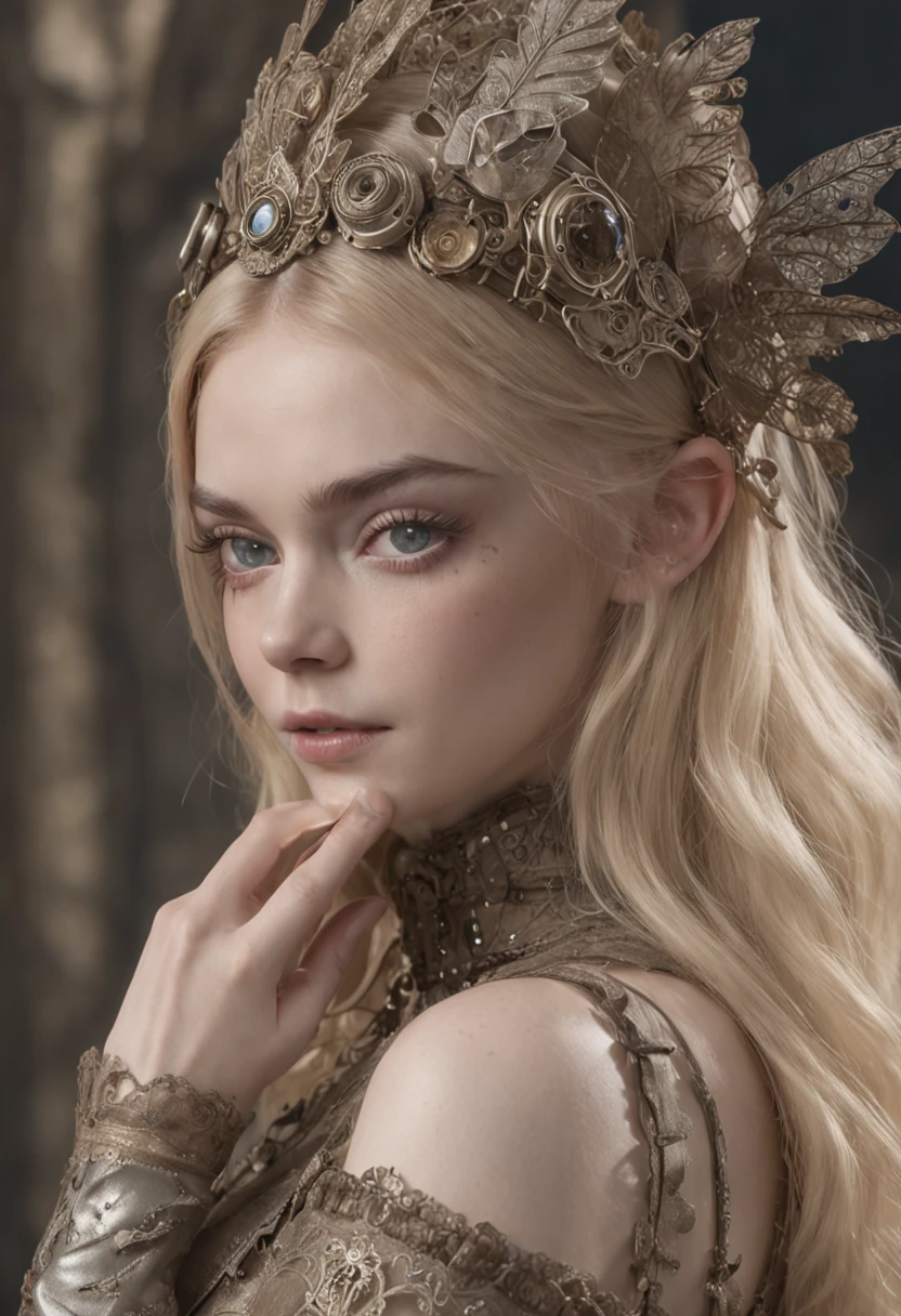 Elle Fanning como bela mulher steampunk deslumbrante, (corpo inteiro), olhos ultra-detalhados, corpo ultra-detalhado, nice perfect guy with soft skinice, corpo feminino deslumbrante, ((ultra-detailed hands)), obra-prima conceito fantasia arte, trending on ArtStation, hiper-detalhado, Arte Digital, Motor irreal, 32k, Ultra HD | | |, imagem centrada, arte de Luis Royo e artgerm e greg rutkowski e Alphonse Much