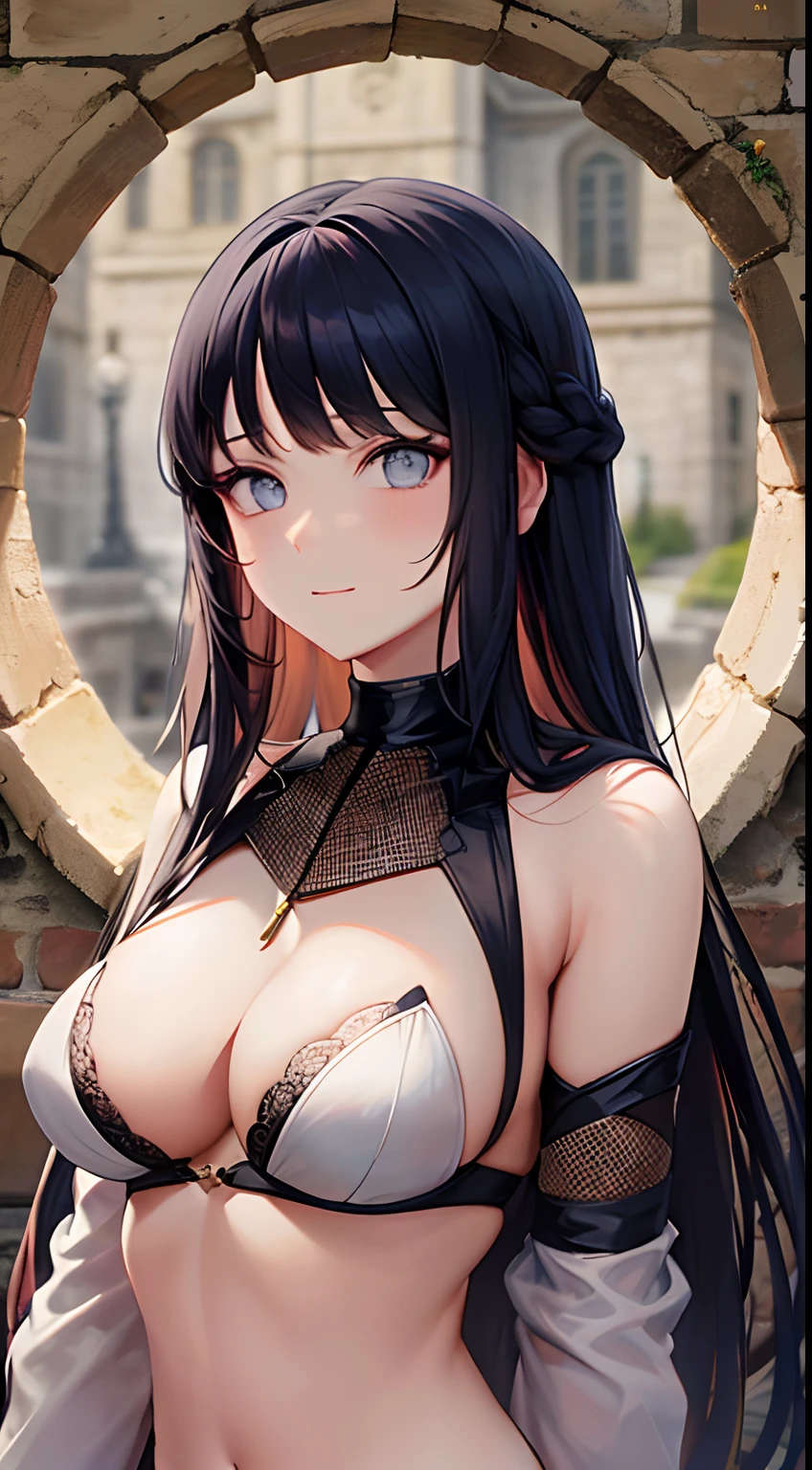 Mulher sexy, com rosto angelical, cabelo longo, (rosto perfeito), corpo escultural, (foto de corpo inteiro), seios grandes, vestindo uma fantasia sexy, (8k), com joias, (riqueza de detalhes), em um castelo, paisagem perfeita (realismo), com varios detalhes,