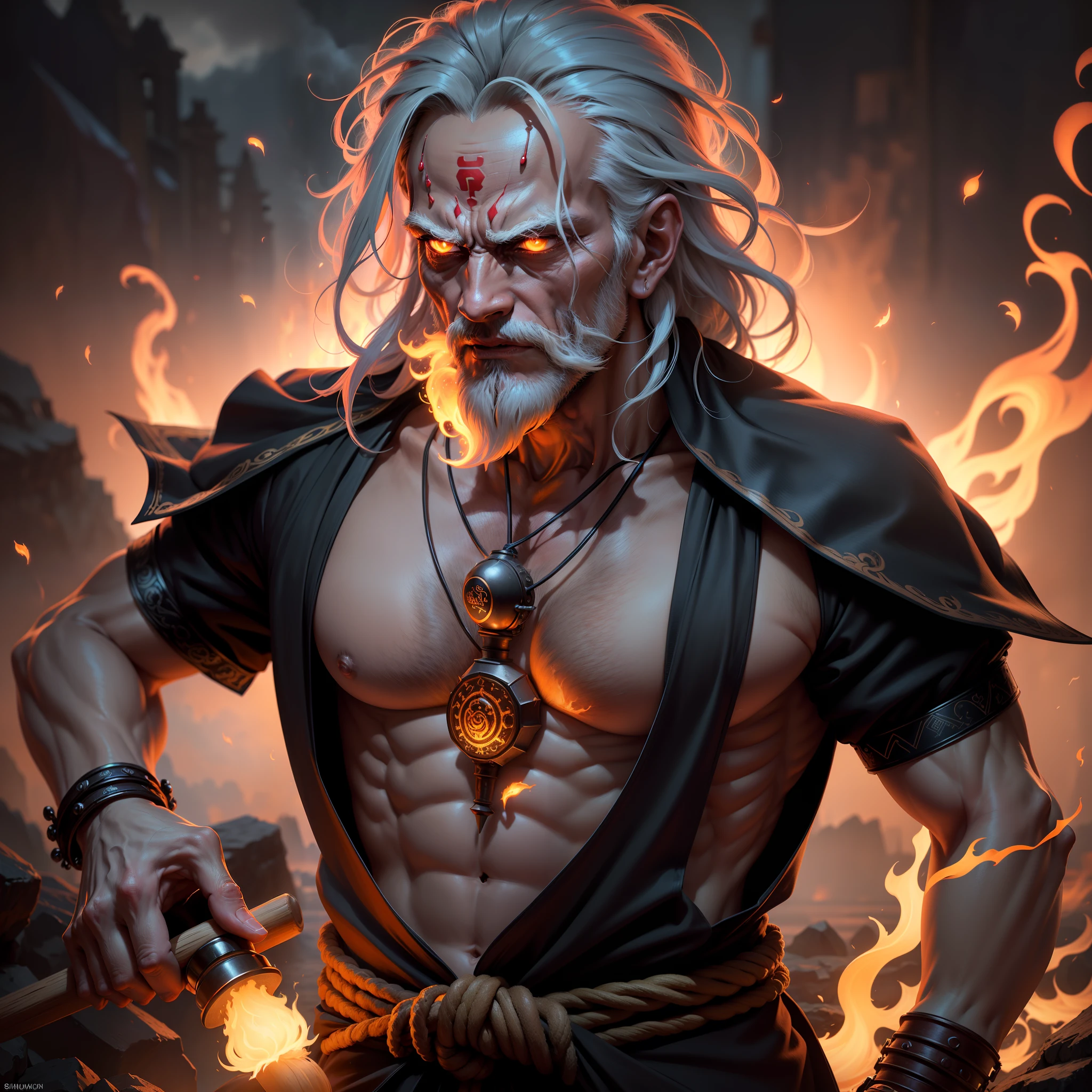 85mm, ((mid length shot of Indian Sadhu holding a wooden staff, clouds, dust, fire particles, chaos background)), intricate ornate anime cgi style, realistic hair, realistic beard, lich vecna (d&d), cyberpunk , 8 k highly detailed digital effects fantasy, cgsociety 9, epic digital art illustration, dan mumford and alex grey style, benevolent android necromancer, BioLuminate , neon art , neon theme, 8K, HDR, photorealistic, RAW photo, photorealistic, delicate, ultra-detailed, extra detailed, highly intricate, physically based rendering, Capture the essence of his burning determination and unyielding spirit as he unleashes his wrath upon his enemies. Keep it short, bold, and intense to convey the raw power of Sadhu's anger.