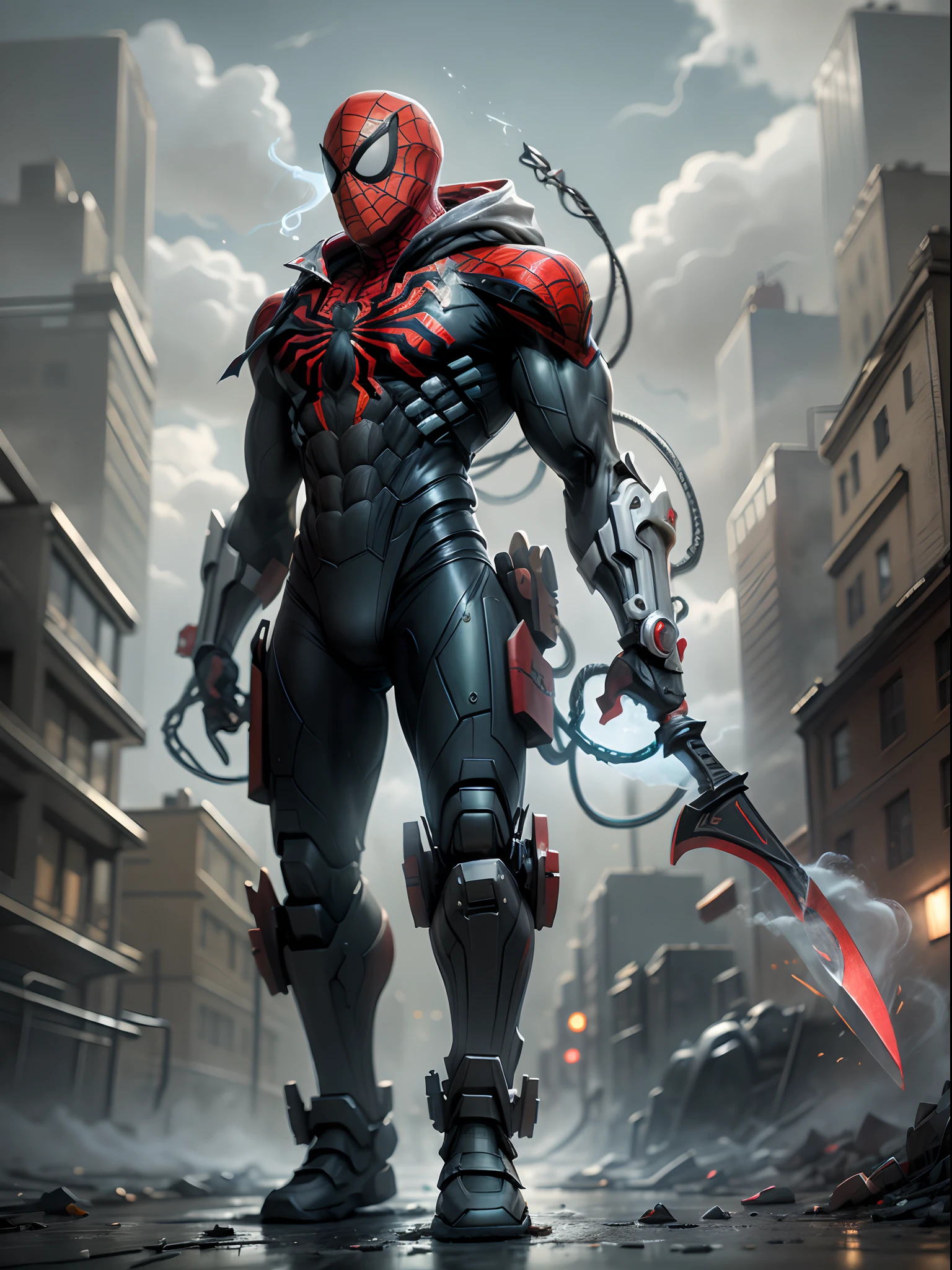 Ghost executioner with huge tomahawk, super cool ghost executioner, giant tomahawk, boxer, red mechanical boxer, wearing green mechanical armor, smoke surrounding, tomahawk swinging pose, imposing walking, frontal perspective, perfect eight-headed body proportions, tall body, full body photo, super detail, realistic, shiny, reflective, bioluminescent, galactic cybernetic mask, mecha, (executioner: 1.2), cape, SH4G0D, GlowingRunes_red, full body, movie, dark background, backlight, high contrast, ((Spider-Man suit))