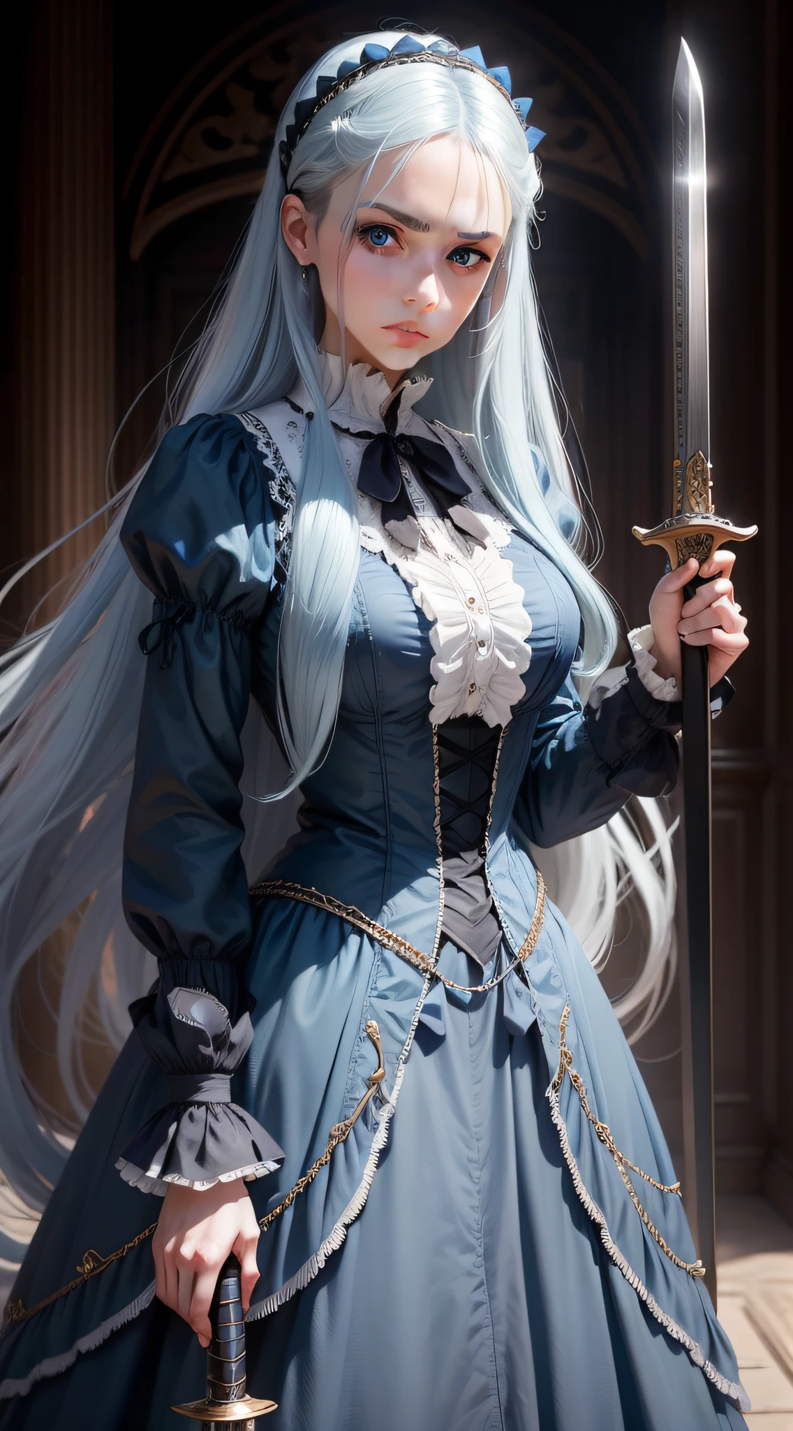 female wight long hair victorian dress sword blue eyes