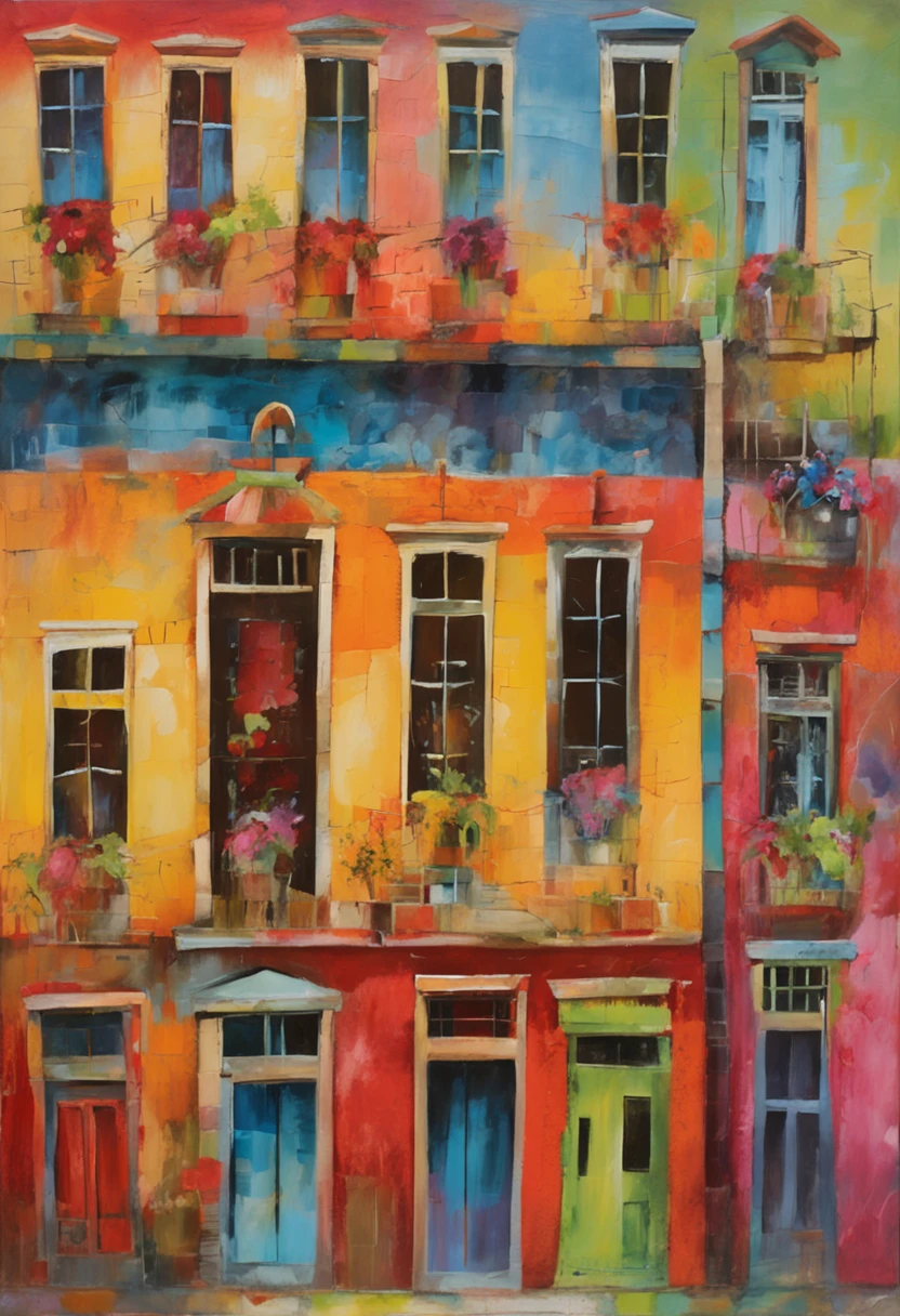 Charming cobblestone streets,Lined with quirky shops and cafes, Each building façade is painted with whimsical and vibrant murals,Scenes depicting local folklore and culture, Joy and artistic energy radiate from every corner, Mixed media collage, Photography combined with digital painting