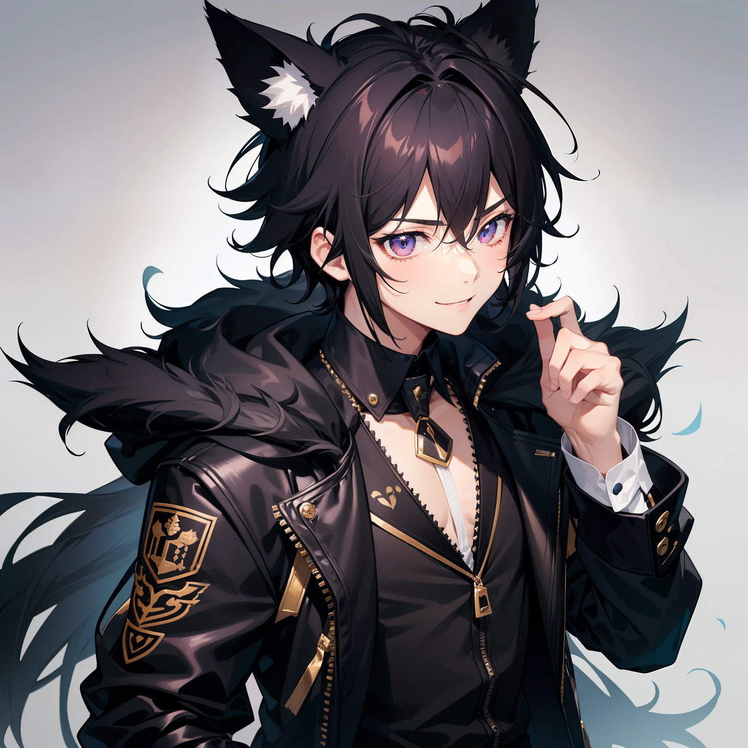 ultra detailed, best quality, finely detail, anime boy, 1 boy, male, black hair, medium hair, messy spiky hair, sports jacket, jersey, black clothes, cat ears, animal ears, black feline tail, black shorts, smiling, anime hair, volumous messy hair, male, hood around the neck extremely large