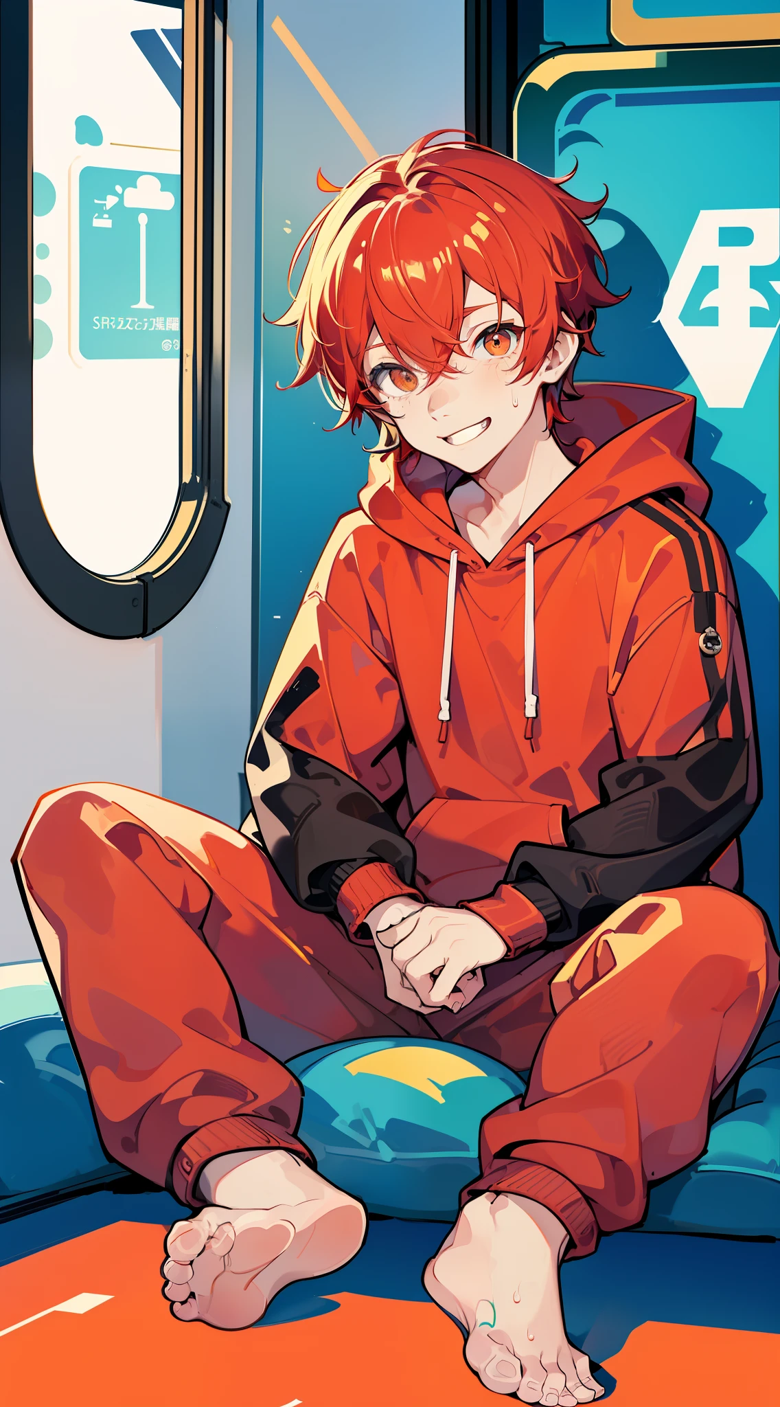 Masterpiece, chubby  boy with red hair and shiny bright golden eyes and barefoot wearing a hoodie, and oversized sweatpants sitting in a train, young, boy, child,l, toddsoft lit, (sweatpants:1.4), (Boy:1.4), (Shota:1.4), (Young:1.4), (Male:1.4), (smiling:1.4), (foot:1.4), (shy:1.4),