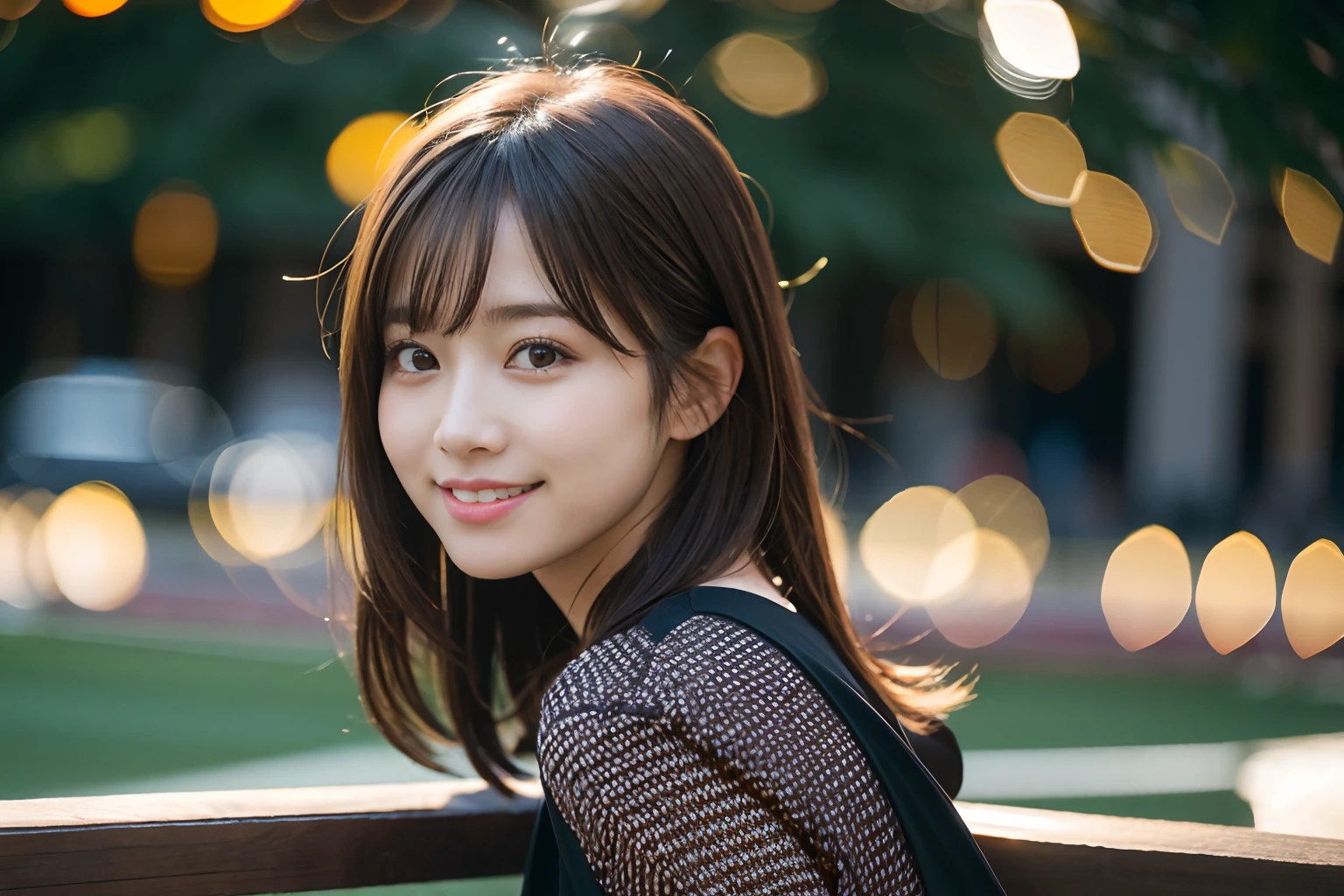8K,Best Quality, 超A high resolution, (Photorealistic:1.4), Raw photo, (upper thigh, From Side:1.2), (Bokeh:1.4), (sit on a bench:0.8), (in a suite:1.6),window, 1日本人の女の子, Cute, (Solo:1.6), (Shy smile), (dark brown eyes:1.4), Smooth skin, (bobhair), (touch hair:1.4),nogizaka,a park,Fashionable clothes
