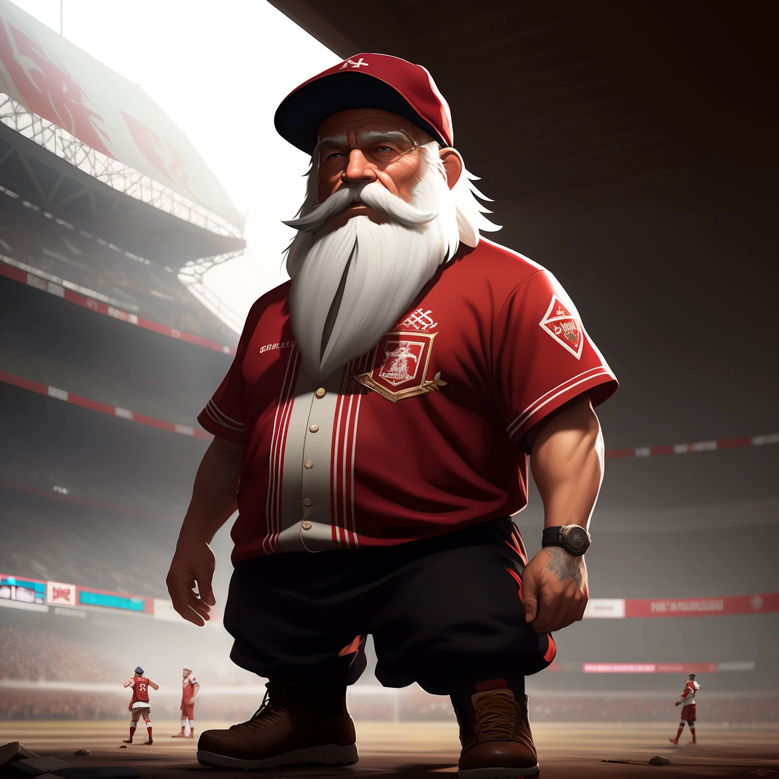 8k rendering, realistic digital painting of a rpg grandpa dwarf, with white long beard , wearing a red baseball cap, with soccer uniform, on a soccer stadium, intricate details, sports environment , very detail eyes, intense face, [elden ring|d & d] concept art, rpg portrait, octane render, cinematic lighting, (soft shadow:1.2), depth of field, splash art, art by wlop and greg rutkowski
