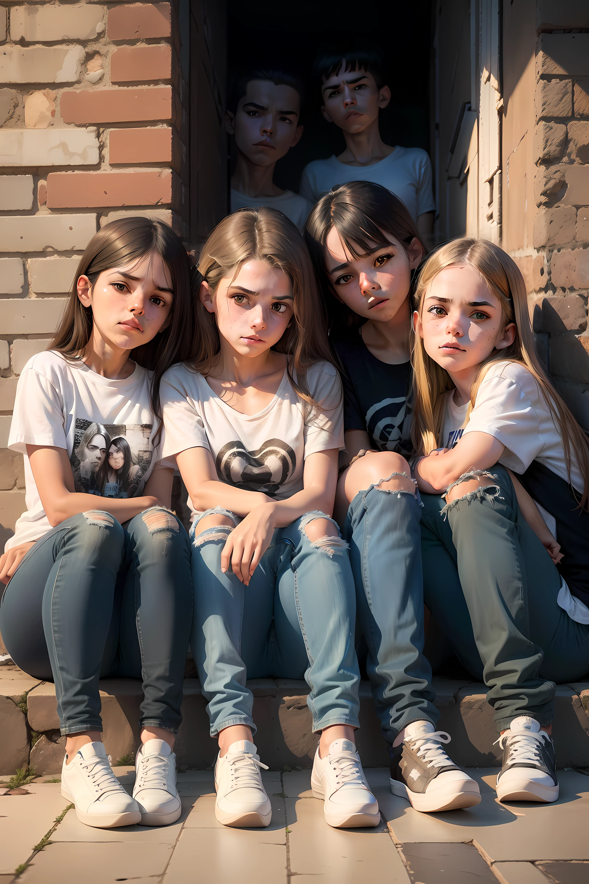 Cena com 5 adolescentes, vestidos com jeans, T-shirts and sneakers, sitting on the floor and leaning against a brick wall. Their faces express indifference, Laziness and discontent. Assemelham-se a uma banda de rock'n roll. fotografia preto e branco, desgastada com o tempo.