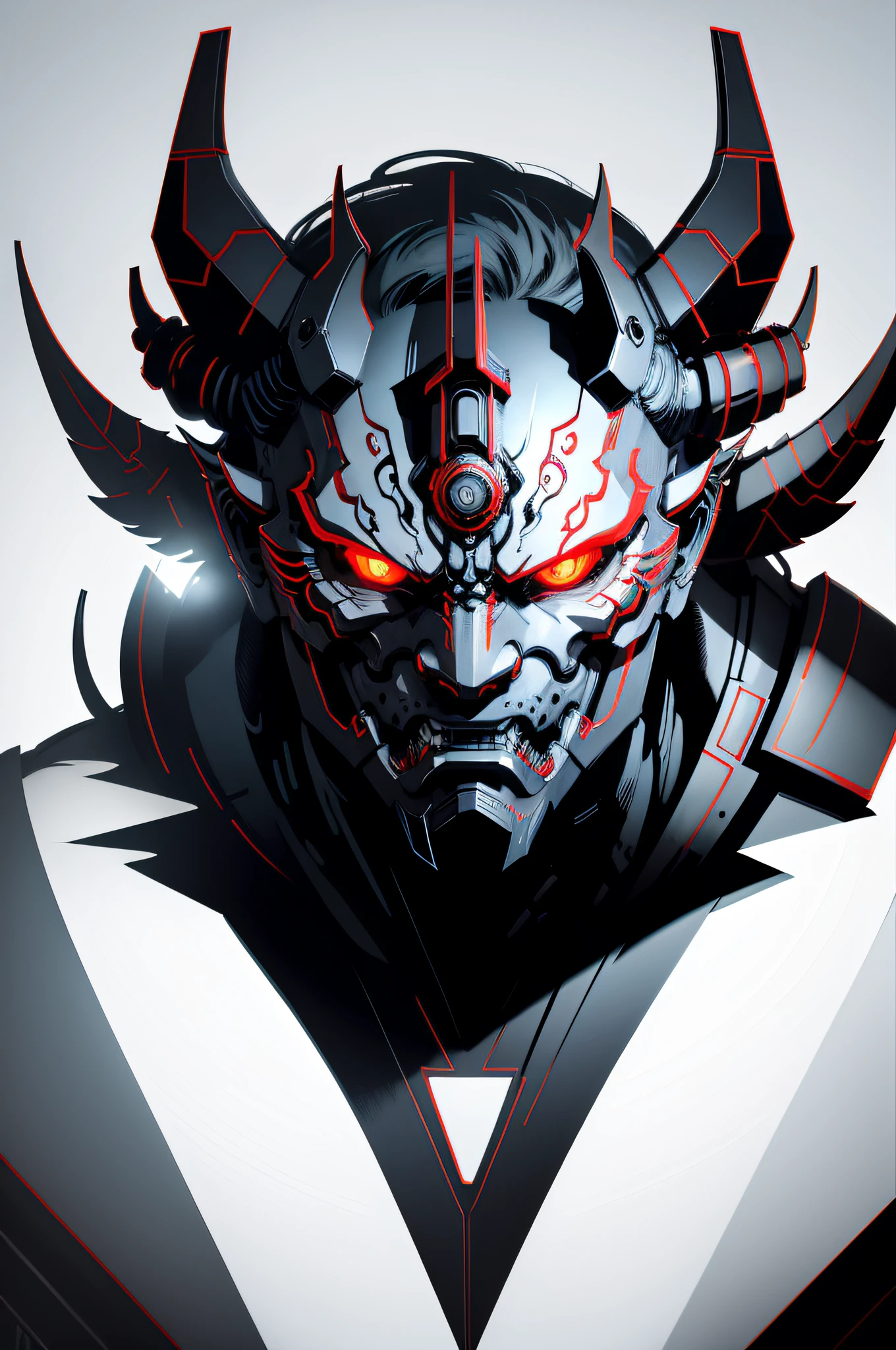 (oni mask), futuristic mechanical face, 2D symmetric vector art,