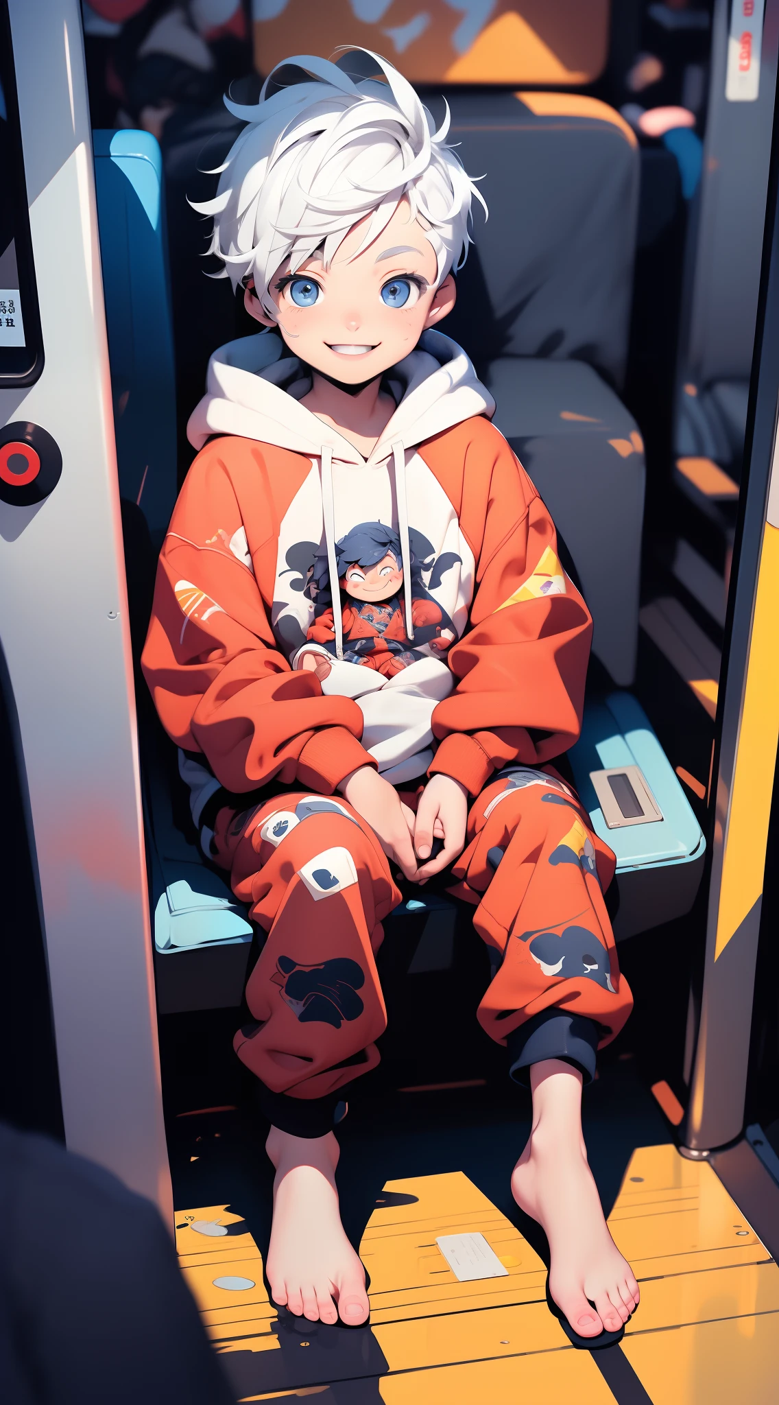 Masterpiece, chubby ********** with white hair and shiny bright blue eyes and barefoot wearing a hoodie, and oversized sweatpants sitting in a train, young, boy, child, small, toddler, soft light, (sweatpants:1.4), (Boy:1.4), (Shota:1.4), (Young:1.4), (Male:1.4), (smiling:1.4), (foot:1.4), (shy:1.4),