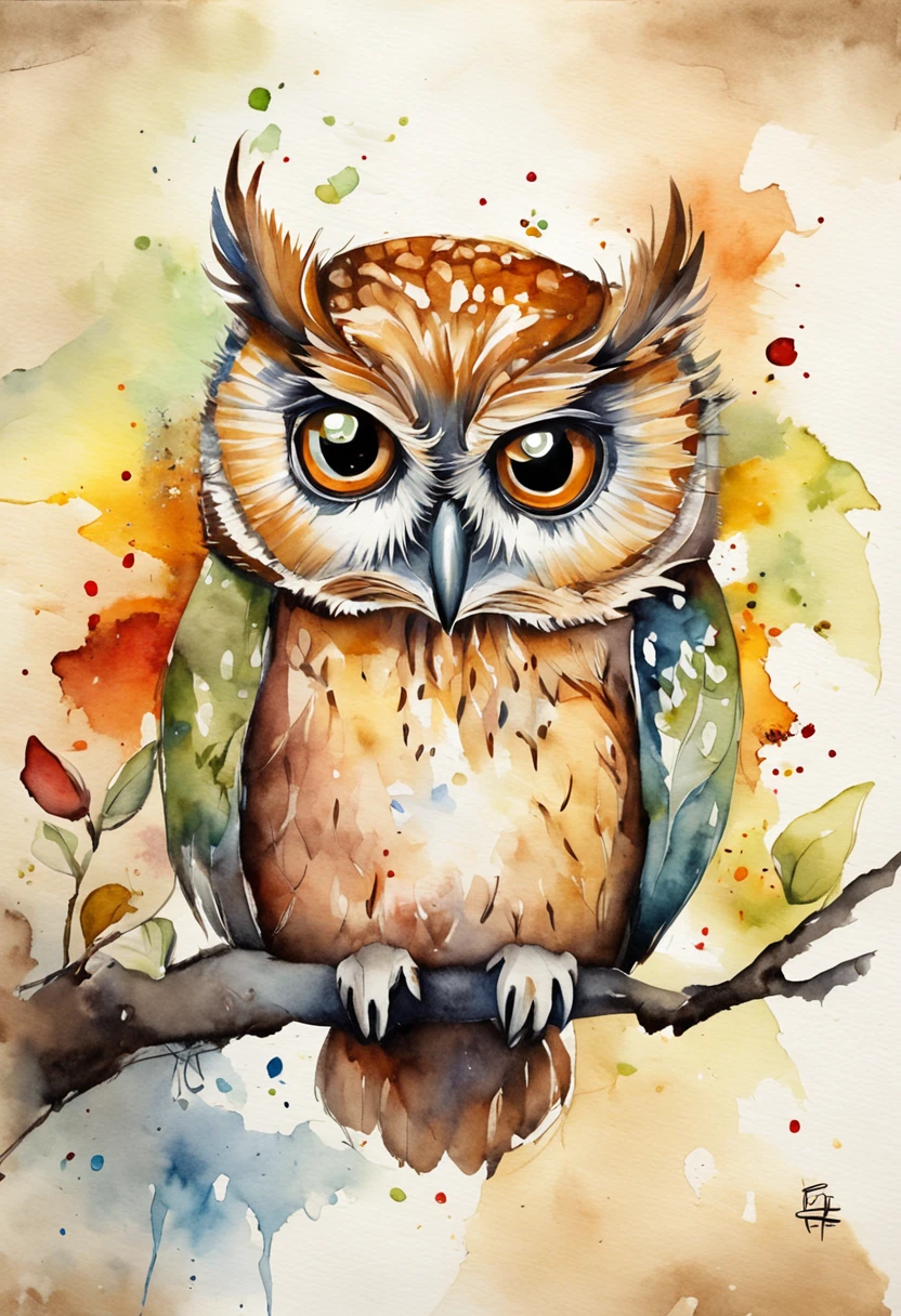 Animal owl with glasses delicate children's drawing