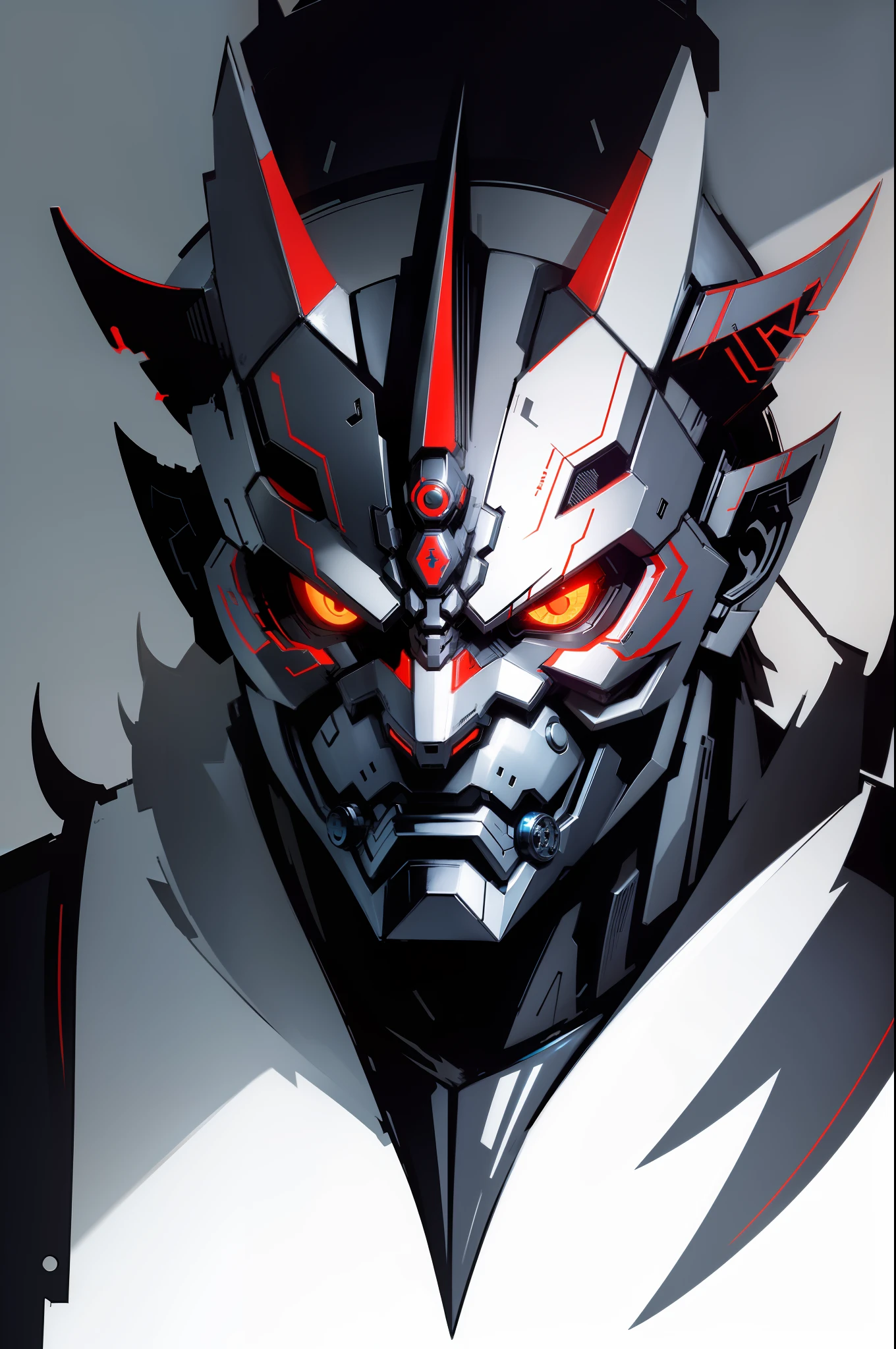 (oni mask), futuristic mechanical face, 2D symmetric vector art,