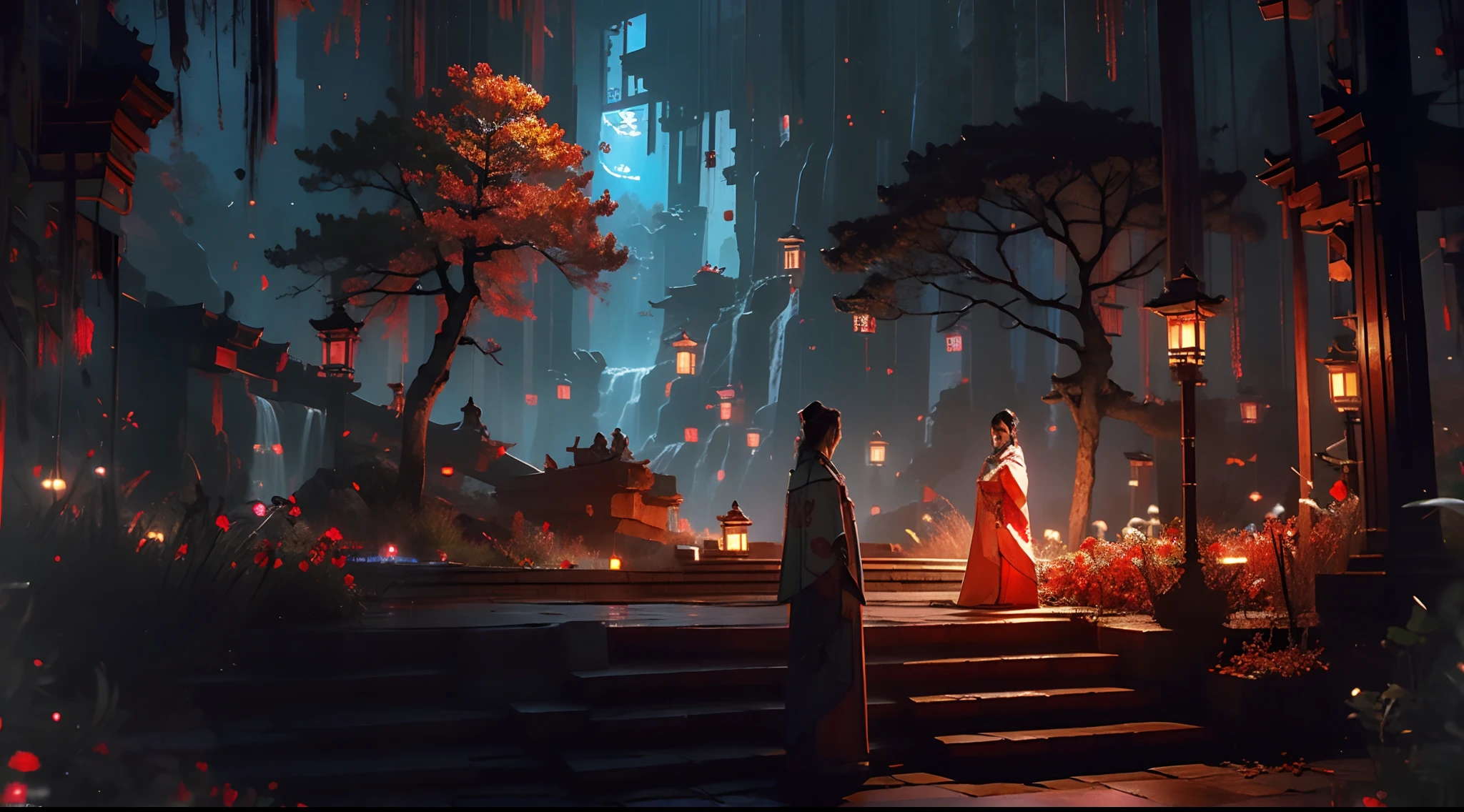 (tmasterpiece:1.2),Mejor calidad,Realista,Efecto Tyndall,Matrimonio del inframundo,spooky atmosphere,Noche,Red palace lamp, The tree, Paisaje, exteriores, "joven, Handsome and beautiful aristocratic couple traveling through the underworld,ojos detallados,rasgos faciales claros",Ropa japonesa, Arquitectura de Asia Oriental, Buliding, Skysky, cielo cercano, Escaleras,amarilis