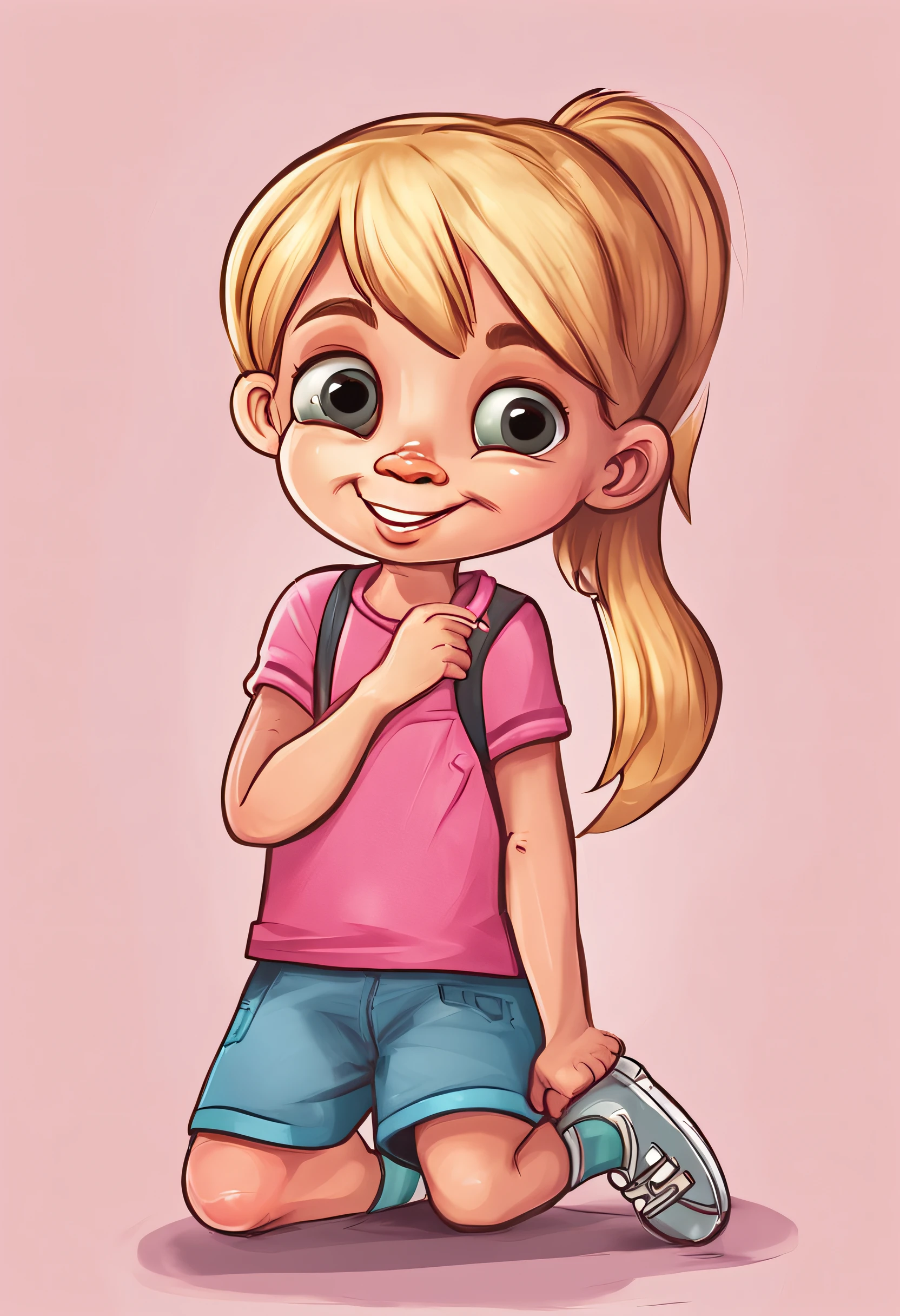 cute little explorer, in various poses and expressions against a white background, children's book illustration style, simple, cute, 6 years old, long straight blonde hair with ponytail and bangs, pink short-sleeved shirt, jeans pictures , no belt, no hat, no book, no glasses, no backpack.