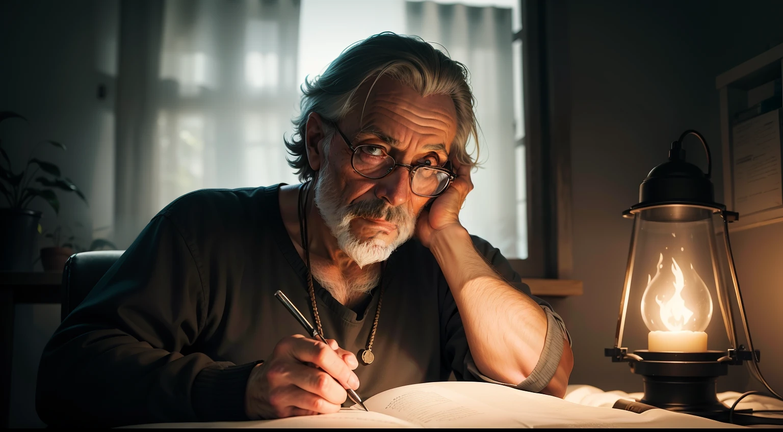 Create an image that depicts the last phase of a serial killer's old man's life. Visualize um quarto sombrio, com simbolos de magia nas paredes iluminado apenas por uma luz fraca, where he is sick. Destaque detalhes que revelem o ambiente sombrio e a fragilidade do assassino.