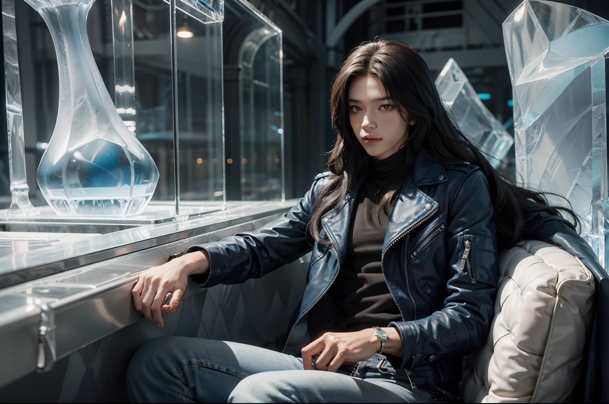 The prince that every girl desires, long hair, Blue leather jacket, jeans. Inside a ice palace and ice bar.