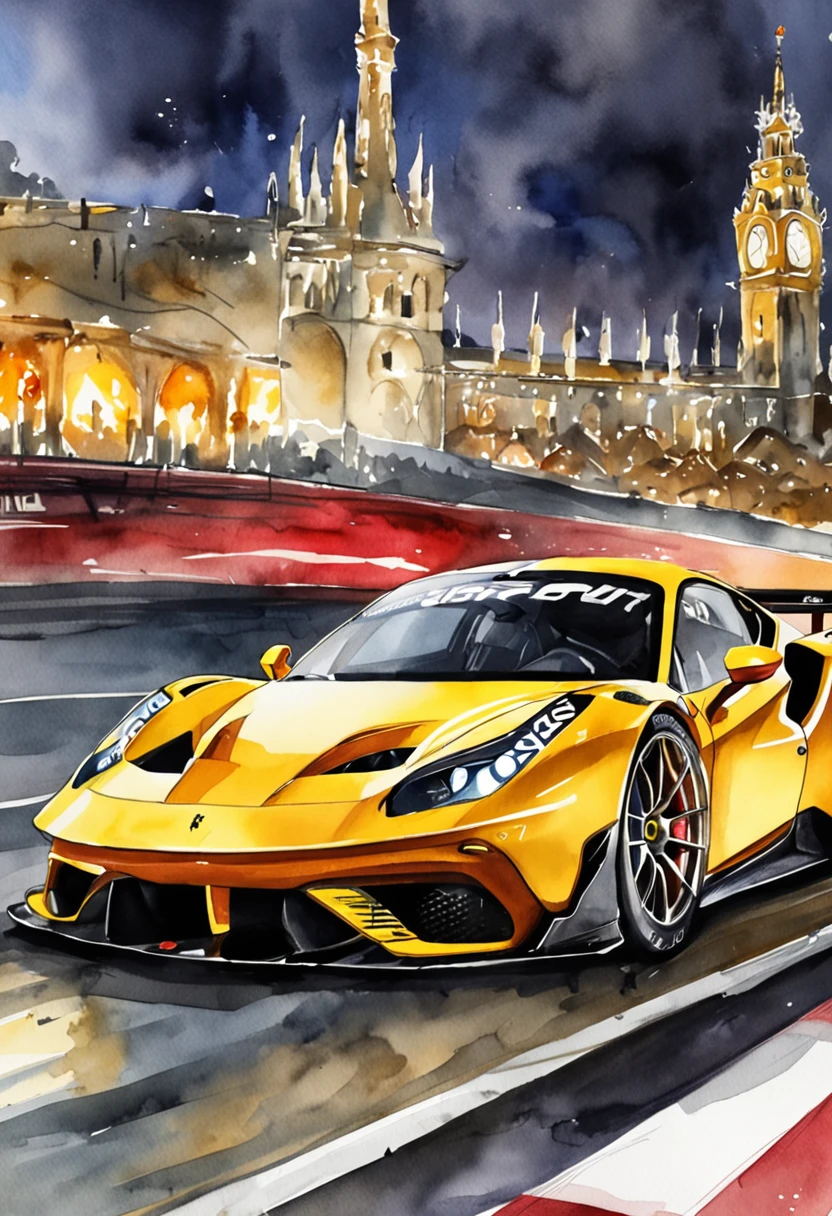 "um Quority(Ferrari 488 GT3 |)Race cars race around the city circuit at night，Um sopro de sangue e velocidade。"
