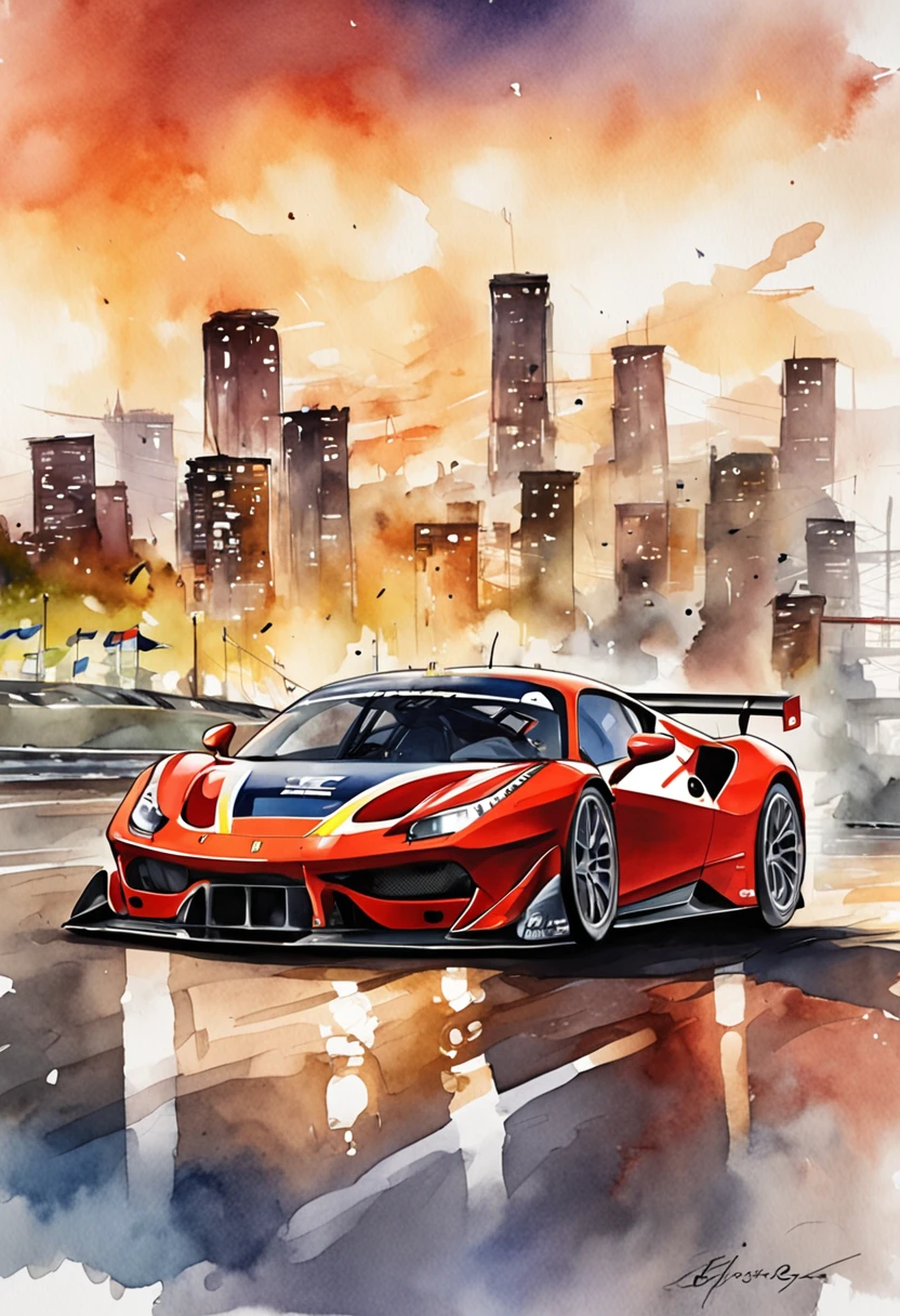 "um Quority(Ferrari 488 GT3 |)Race cars race around the city circuit at night,Um sopro de sangue e velocidade。"