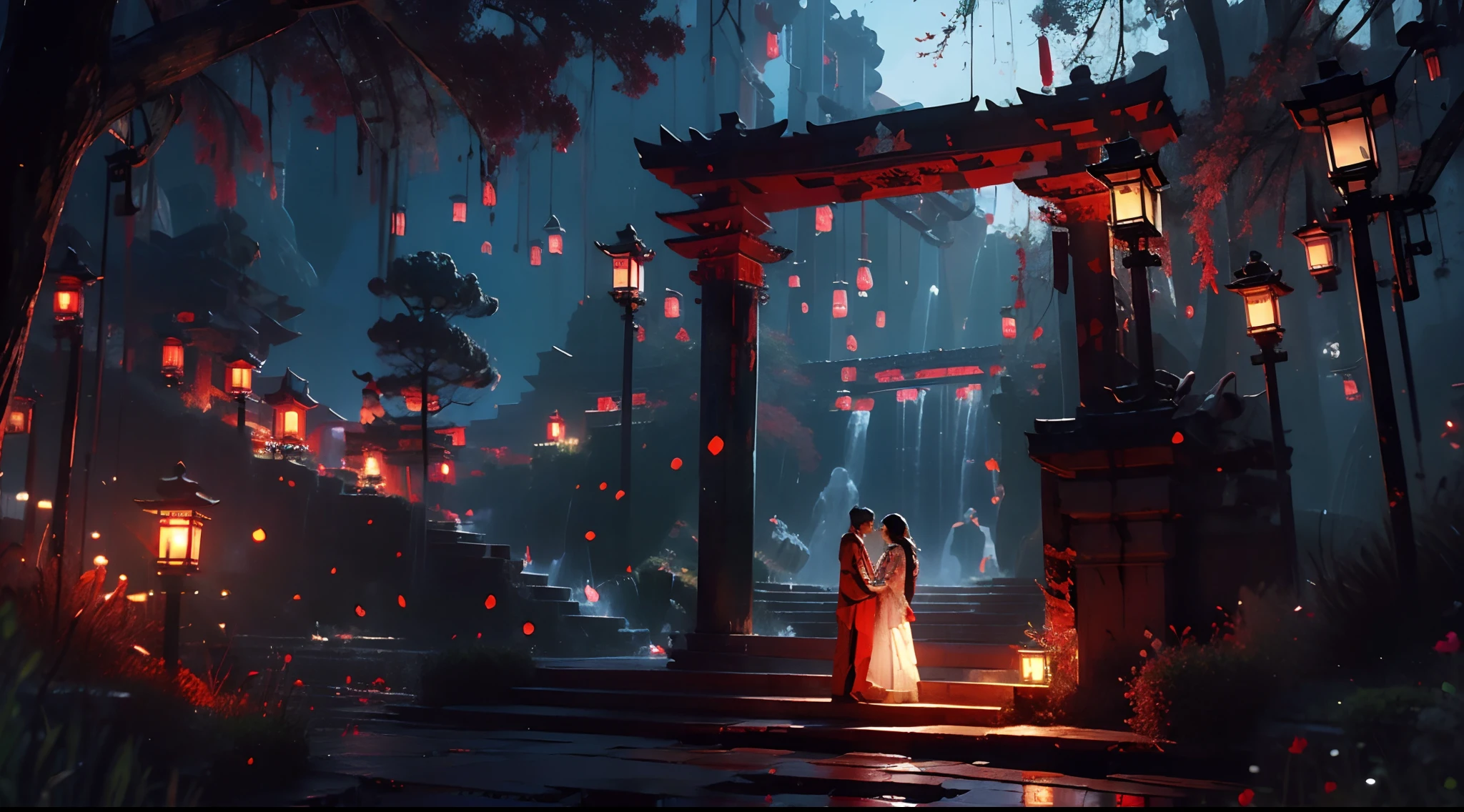 (tmasterpiece:1.2),Mejor calidad,Realista,Efecto Tyndall,Matrimonio del inframundo,spooky atmosphere,Noche,Red palace lamp, The tree, Paisaje, exteriores, "joven, Handsome and beautiful aristocratic couple traveling through the underworld,ojos detallados,rasgos faciales claros",Ropa japonesa, Arquitectura de Asia Oriental, Buliding, Skysky, cielo cercano, Escaleras,amarilis