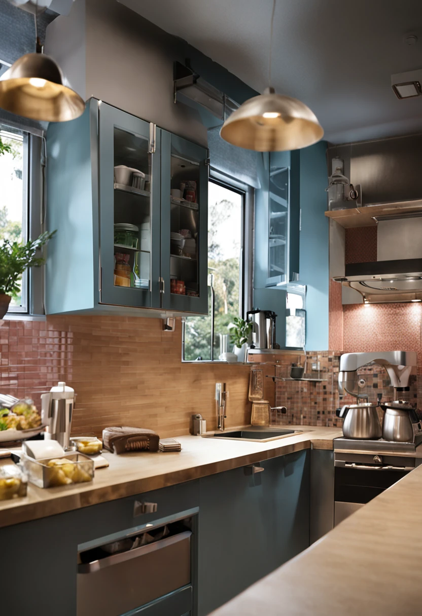 gere uma imagem de cozinha pequena com bastante armarios tons claros estilo moderno