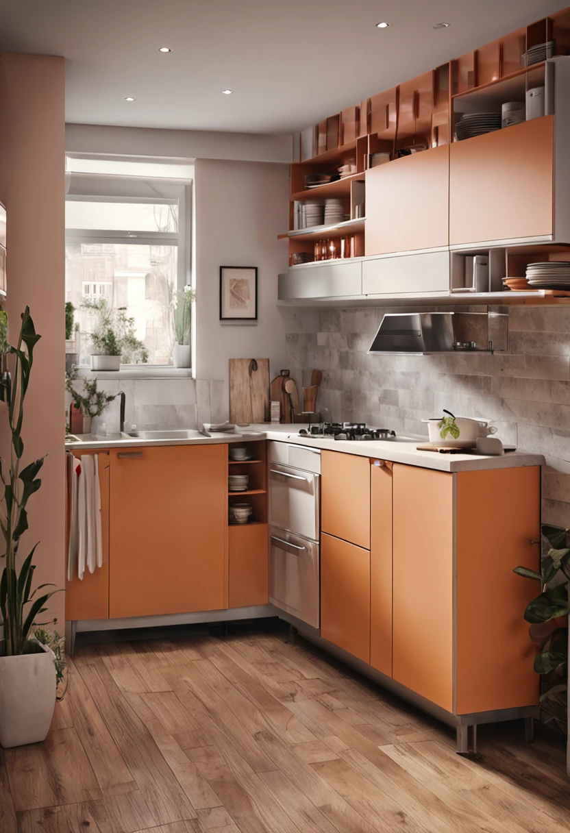 gere uma imagem de cozinha pequena com bastante armarios tons claros estilo moderno