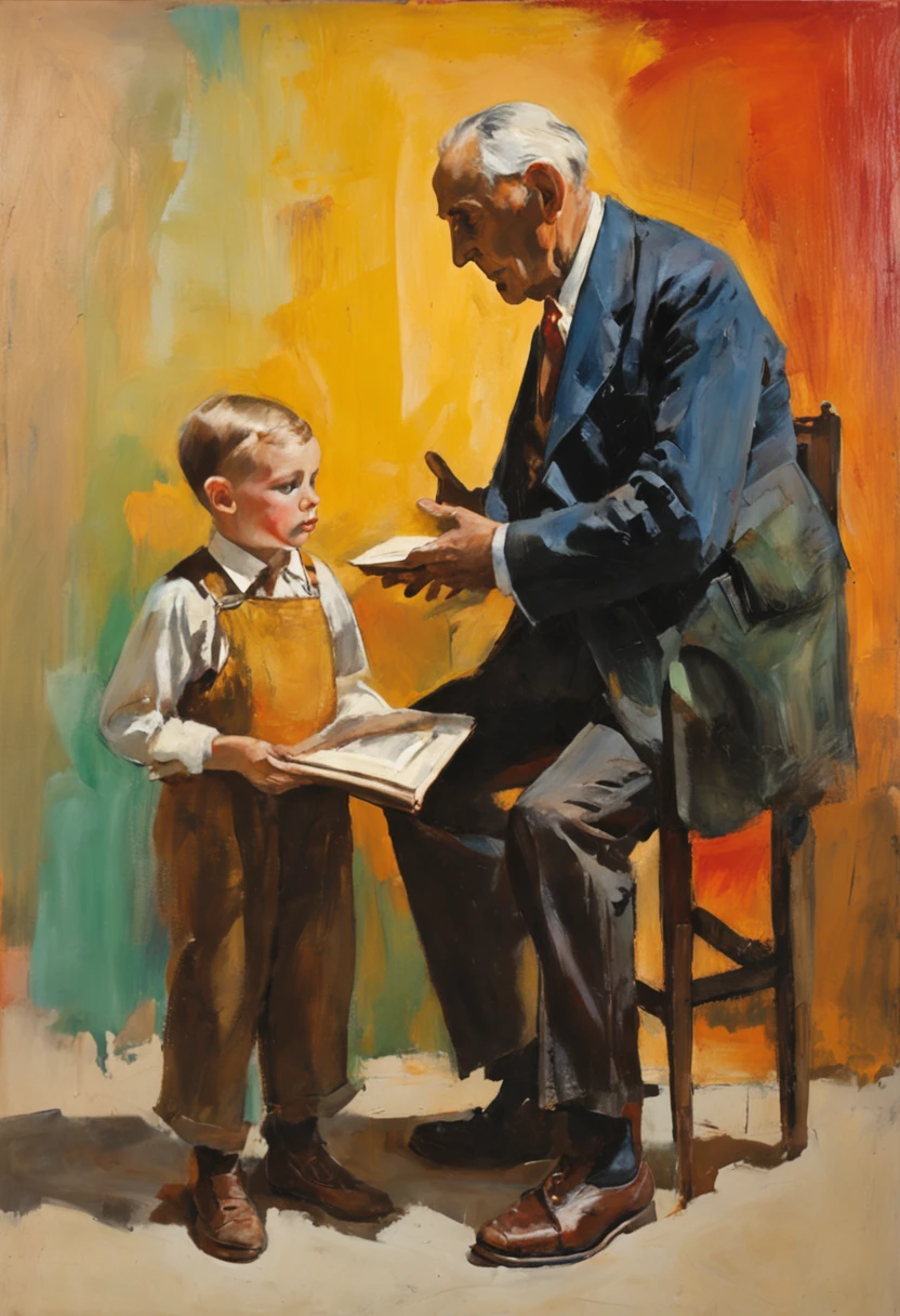 Grandfather talking to grandson with bible in hand, poltrona antiga, 1920's