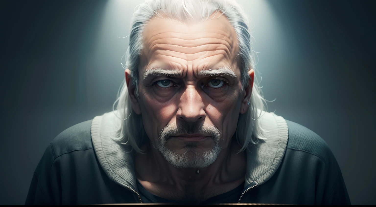Create an image that depicts the last phase of a serial killer's old man's life. Visualize um quarto sombrio, com simbolos de magia nas paredes iluminado apenas por uma luz fraca, where he is sick. Destaque detalhes que revelem o ambiente sombrio e a fragilidade do assassino.
