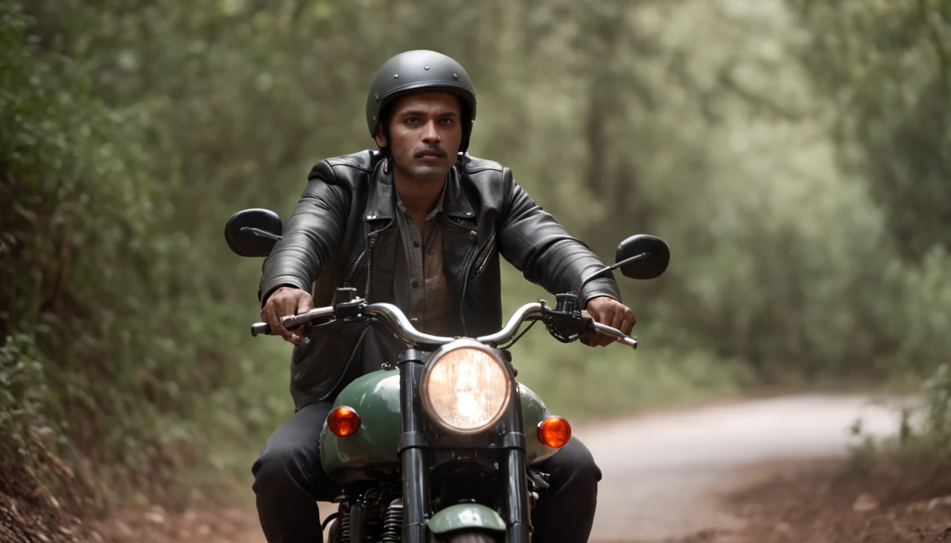 An ultra realistic cinematic movie poster of a male biker with a hyper detailed face sitting on a military green Royal Enfield motorcycle dramatic lighting HD 16K