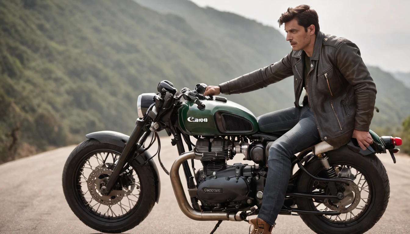 An ultra realistic cinematic movie poster of a male biker with a hyper detailed face sitting on a military green Royal Enfield motorcycle dramatic lighting HD 16K