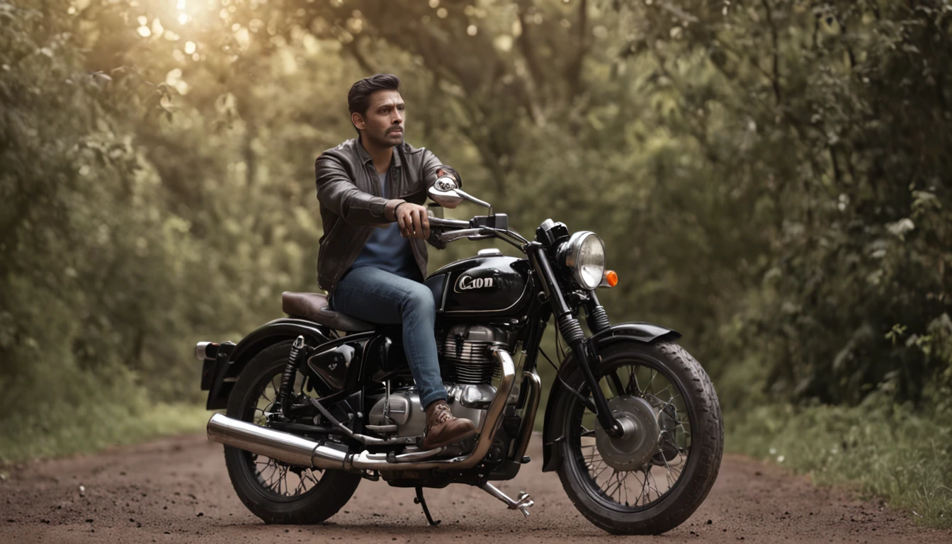 An ultra realistic cinematic movie poster of a male biker with a hyper detailed face sitting on a military green Royal Enfield motorcycle dramatic lighting HD 16K