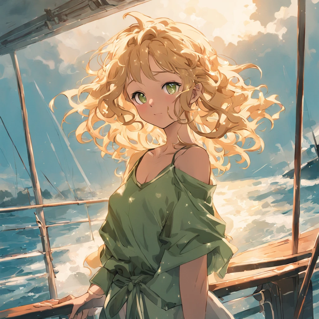 a beautiful blonde woman with curly hair, green eyes, tan skin, in Sommerkleidung, auf einem Schiff, full entire body，millionärstochter, lesbisch, attraktiv, lacht und tanzt