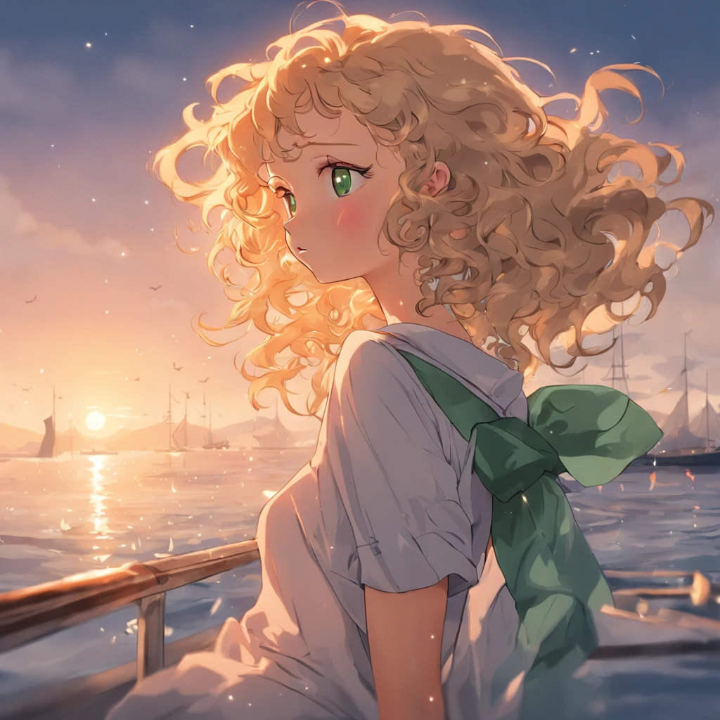 a beautiful blonde woman with curly hair, green eyes, tan skin, in Sommerkleidung, auf einem Schiff, full entire body，millionärstochter, lesbisch, attraktiv, lacht und tanzt