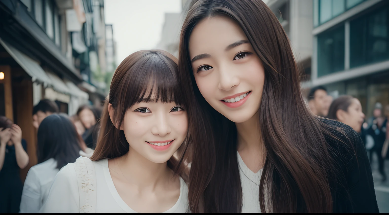 ((top-quality、8k、​masterpiece:1.3))、(1girl in)、a smile、full bodyesbian、Slim Faces、Pretty women、(dark brown  hair)、Full-length dresses:1.1、hyperdetailed face、A detailed eye、二重まぶた、blured background、Slim Faces、城市、takeout、a street、japanes