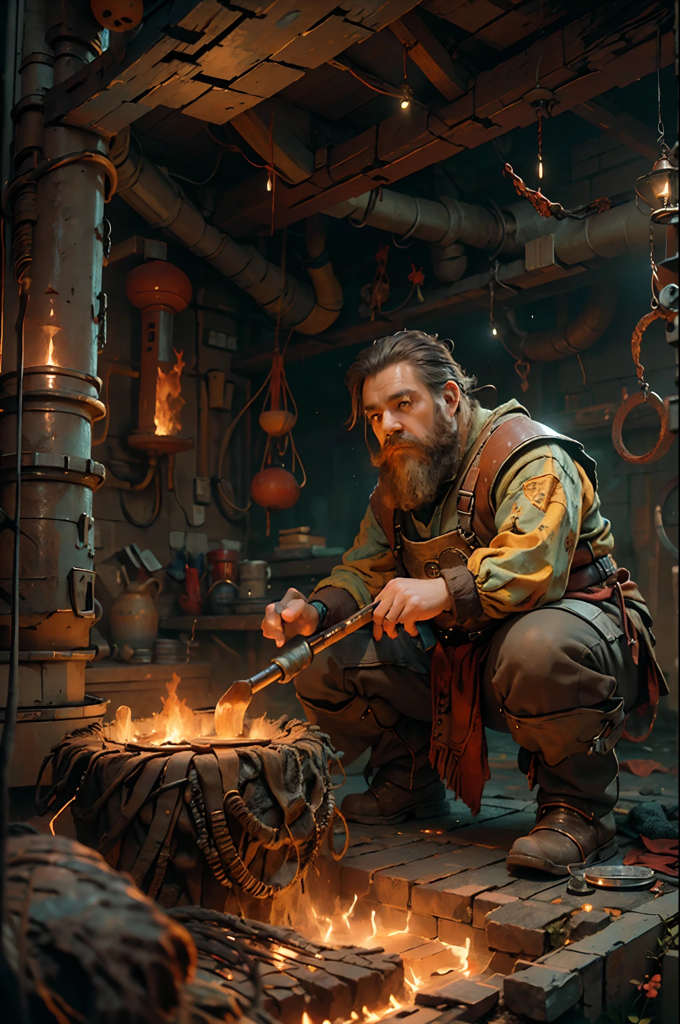 high details, best quality, 16k, RAW, [ua detailed], masterpiece, best quality, (extremely detailed), full body, ultra wide shot, photorealistic, fantasy art fantasy_world, RPG art, D&D art, a picture of a dwarf working at his forge (intense details, Masterpiece, best quality), fantasy male dwarf (intense details, Masterpiece, best quality),(intense details, Masterpiece, best quality), brown hair, dynamic eyes color, ultra detailed face (intense details, Masterpiece, best quality), long beard, brown beard, moscular arms, wearing smith apron, holding a hammer in hand, hammer has mgical runes, shining GlowingRunes_yello yellowe runes (intense details, Masterpiece, best quality), working the forge (intense details, Masterpiece, best quality), fiery forge (intense details, Masterpiece, best quality), crafting magical metalic weapon, dwarven smithy and fiery forge background, shadow and light of a fiery orange (intense details, Masterpiece, fire light best quality), High Detail, Ultra High Quality, High Resolution, 16K Resolution, Ultra HD Pictures, Ultra Realistic, Clear Details, Realistic Detail, Ultra High Definition